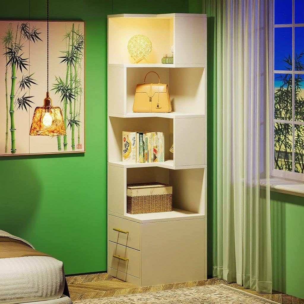 5-Tier Corner Bookshelf with 2 Drawers, L-Shaped Space-Saving Shelf 19.68"D X 19.68"W X 66.92"H, Open Shelves for Books, Decor & Storage, Living Room Decorative Bookshelf, Home Office Corner Bookcase - Image 6