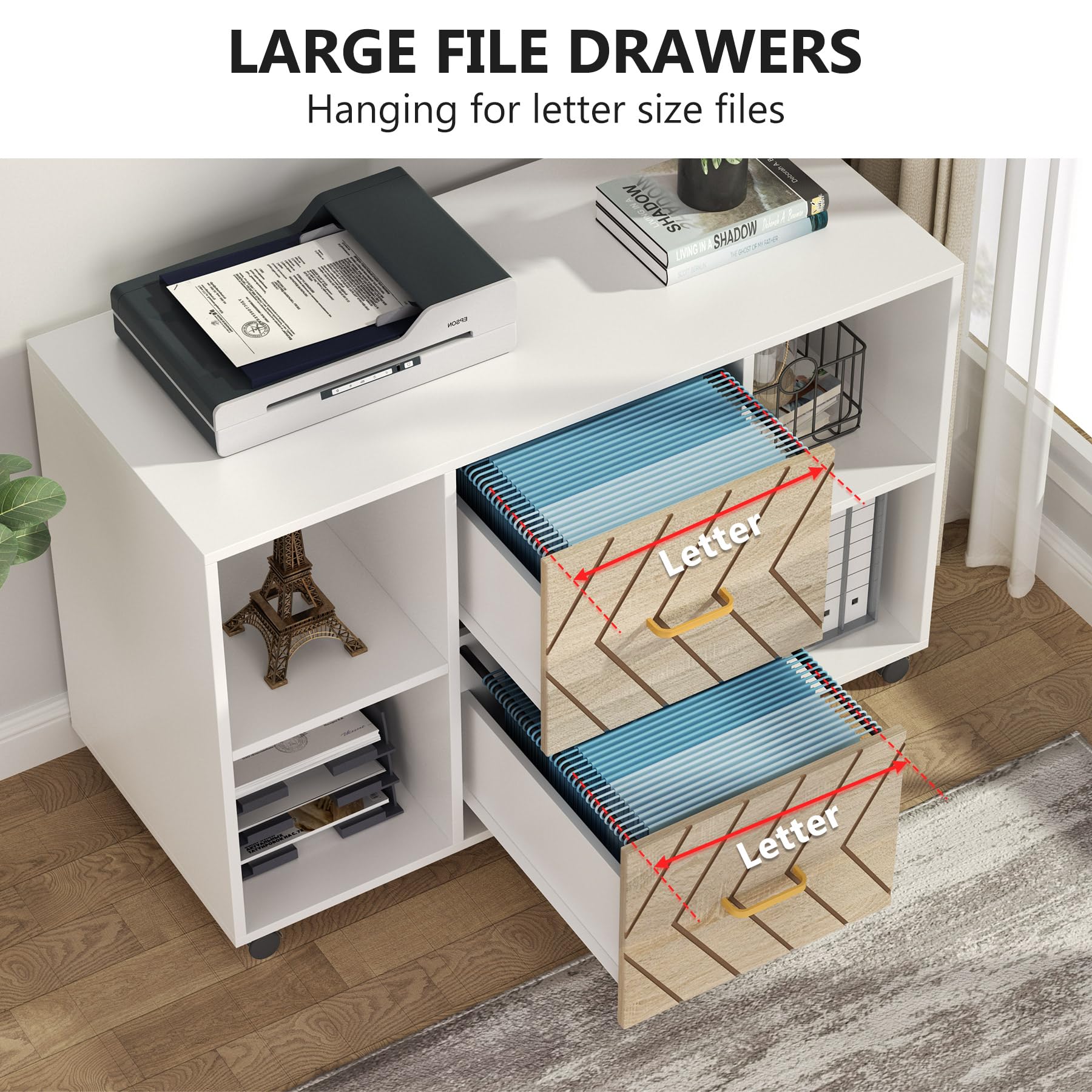 Tribesigns 2 Drawer File Cabinet, Large Mobile Lateral Filing Cabinet for Letter Size, Printer Stand with Storage Shelves and Rolling Wheels for Home Office (White) - Image 5