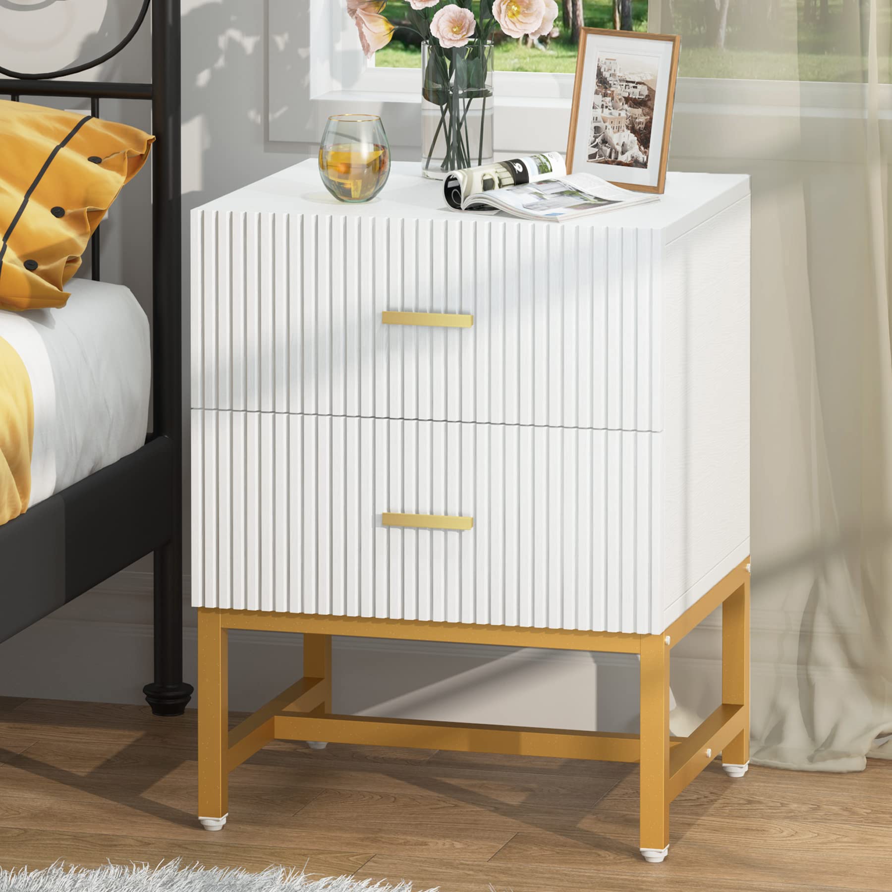 Tribesigns 2-Drawer Nightstand, Modern Fluted Night Stands Bed Side Table with Storage, Wood End Table Accent Table for Bedroom, Living Room, Small Spaces, White - Image 4