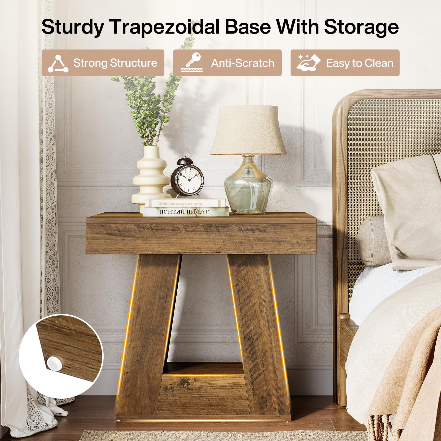 Tribesigns 2-Tier Modern Nightstand, Wooden Bedside Table with Trapezoid Base, Small Night Table with Wood-Grain Finish for Living Room Bedroom (1, Brown) - Image 4