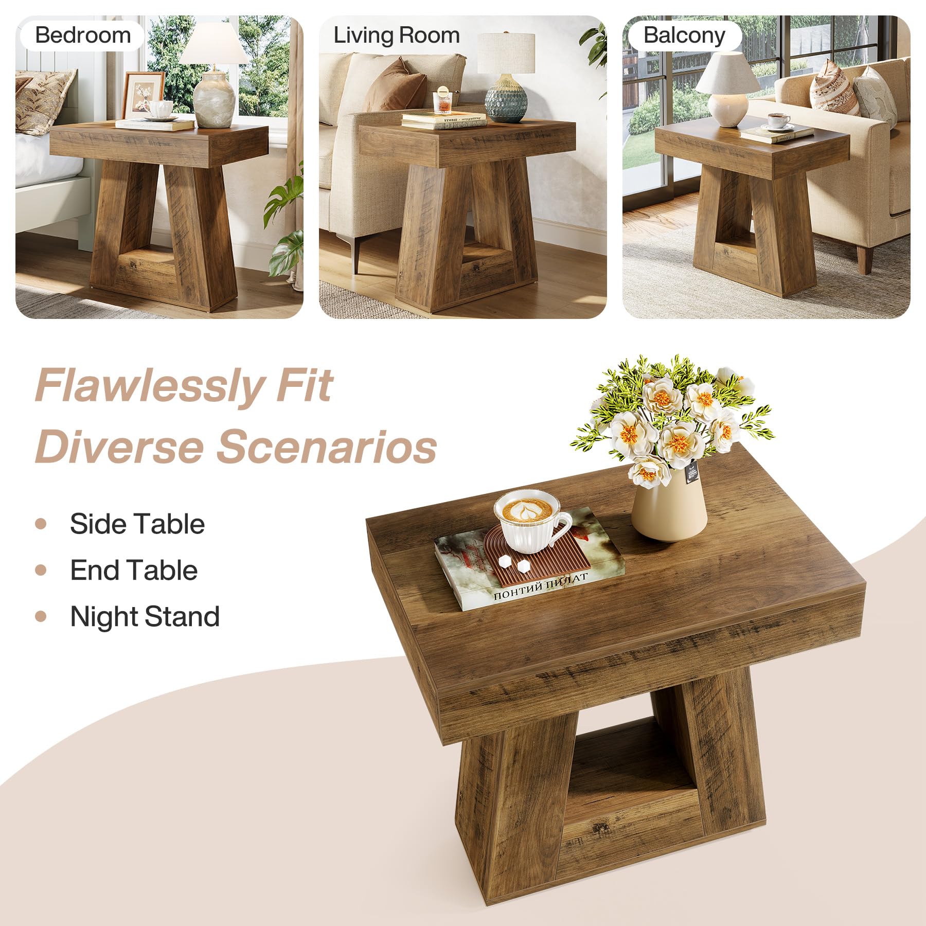 Tribesigns 2-Tier Modern Nightstand, Wooden Bedside Table with Trapezoid Base, Small Night Table with Wood-Grain Finish for Living Room Bedroom (1, Brown) - Image 8