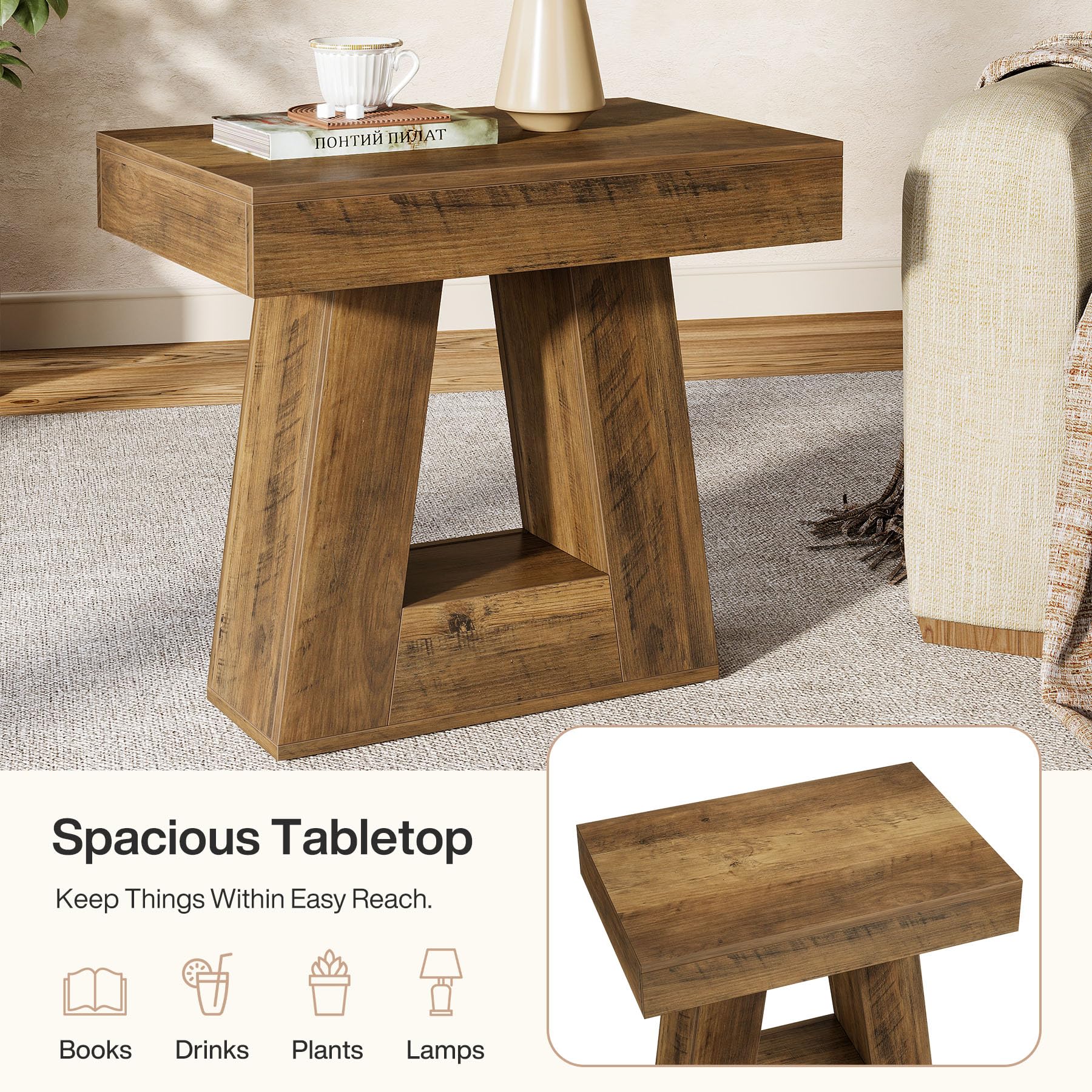 Tribesigns 2-Tier Modern Nightstand, Wooden Bedside Table with Trapezoid Base, Small Night Table with Wood-Grain Finish for Living Room Bedroom (1, Brown) - Image 6