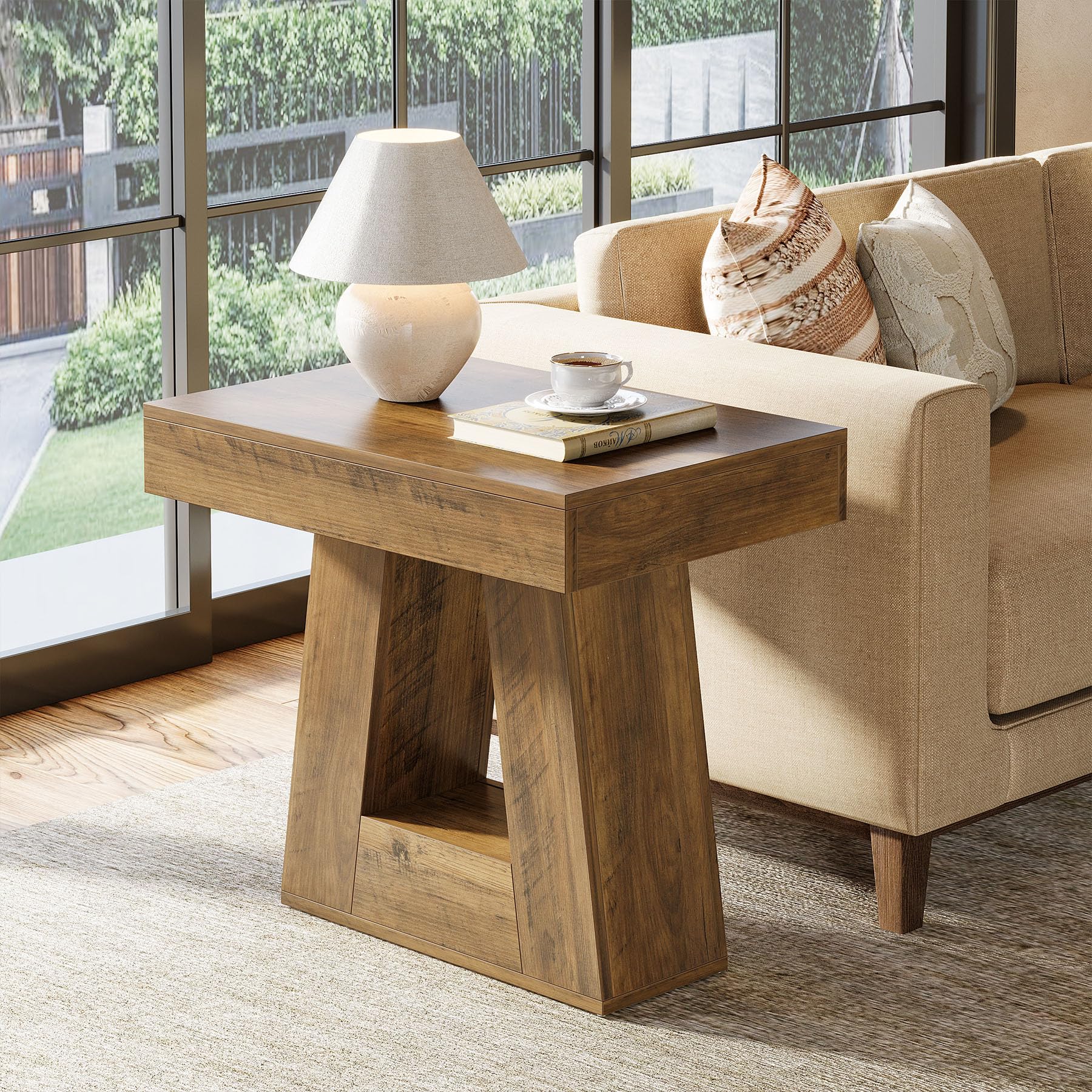 Tribesigns 2-Tier Modern Nightstand, Wooden Bedside Table with Trapezoid Base, Small Night Table with Wood-Grain Finish for Living Room Bedroom (1, Brown) - Image 9