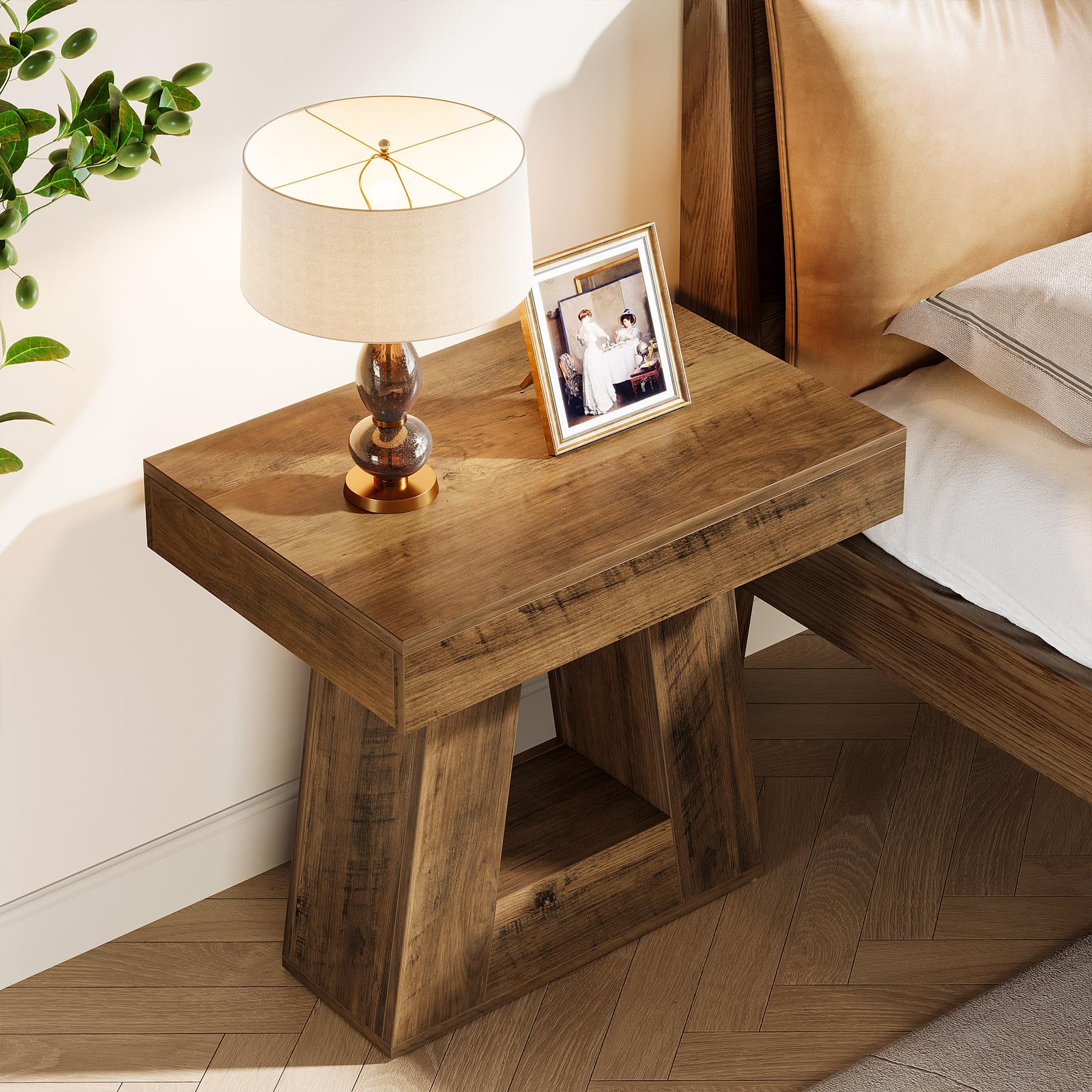 Tribesigns 2-Tier Modern Nightstand, Wooden Bedside Table with Trapezoid Base, Small Night Table with Wood-Grain Finish for Living Room Bedroom (1, Brown) - Image 5