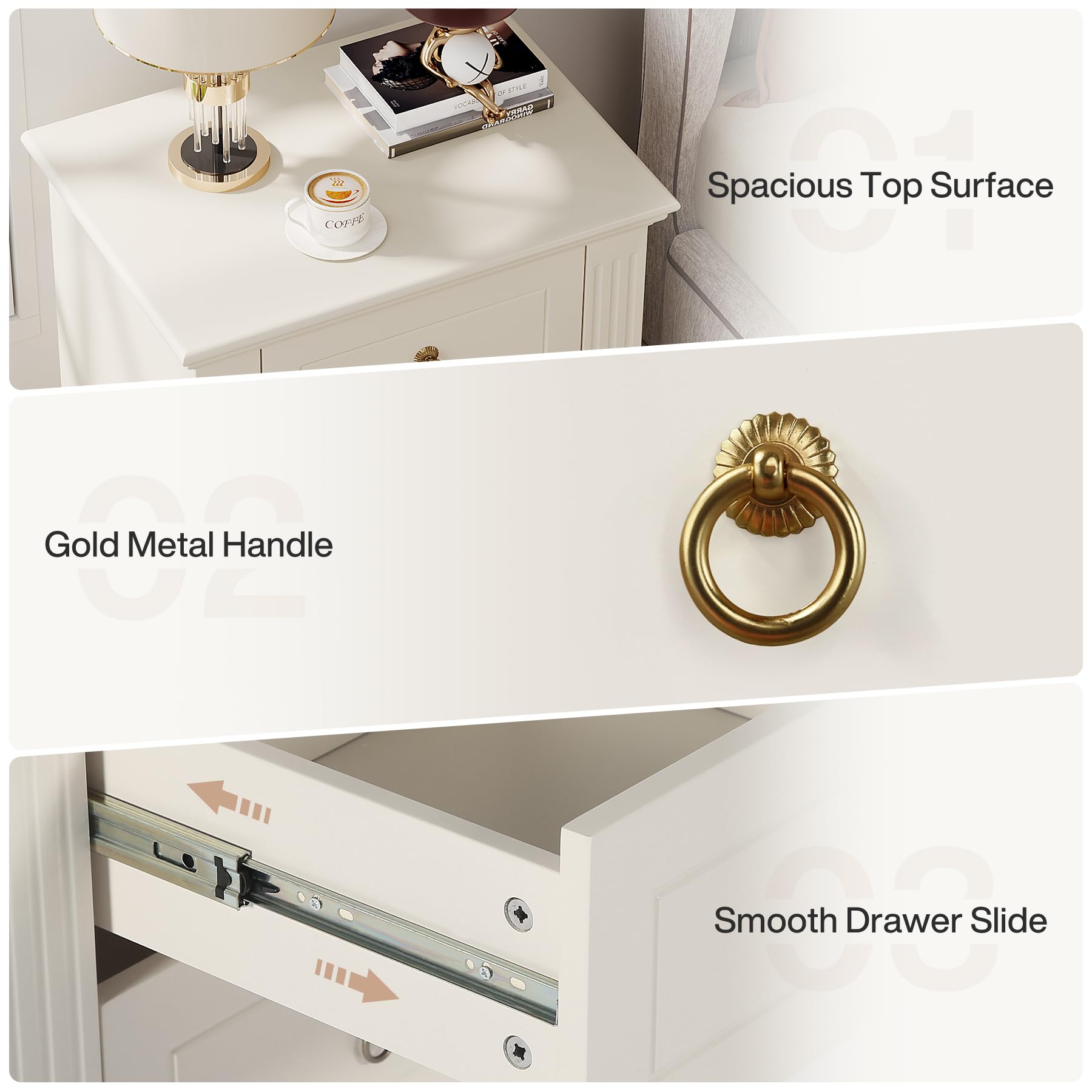 Tribesigns 3-Drawer Nightstand, Modern Bedside Table with Storage Drawers, Wood Night Stand Side End Table for Bedroom, Beige - Image 6