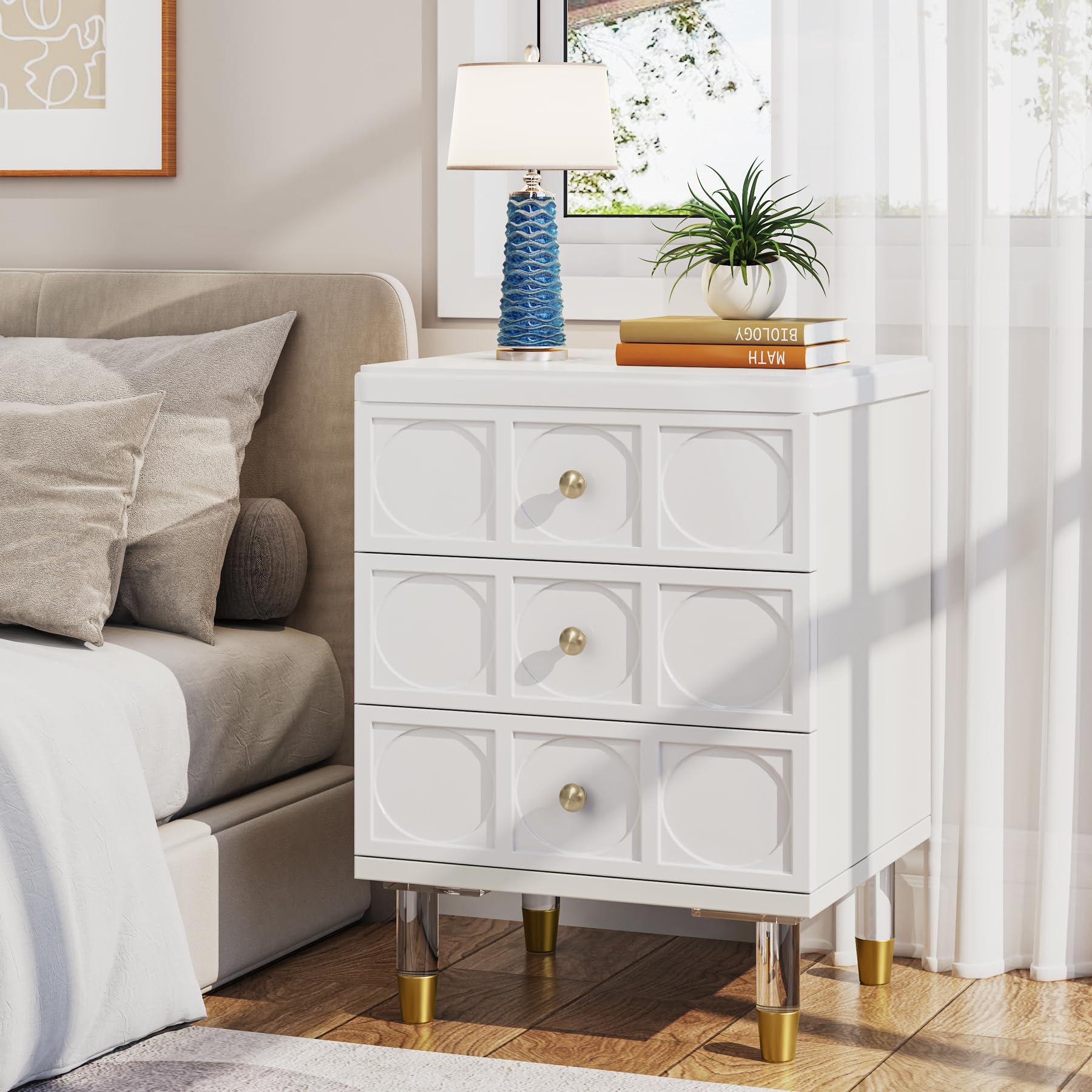 Tribesigns 3-Drawer Nightstand White and Gold Bedside Table with Drawers, Versatile Modern White Night Stand with Storage for Bedroom - Image 3