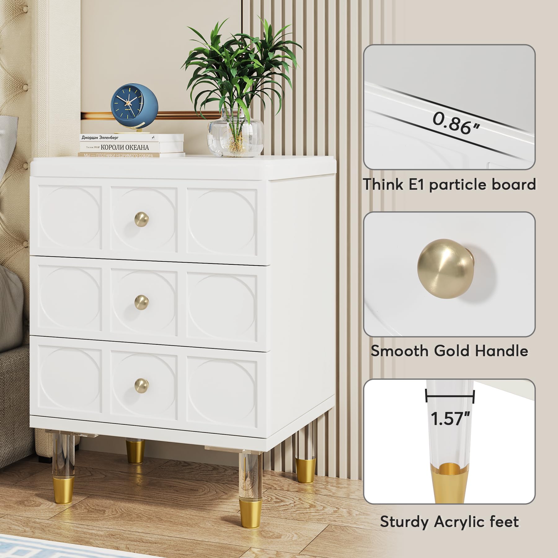 Tribesigns 3-Drawer Nightstand White and Gold Bedside Table with Drawers, Versatile Modern White Night Stand with Storage for Bedroom - Image 7