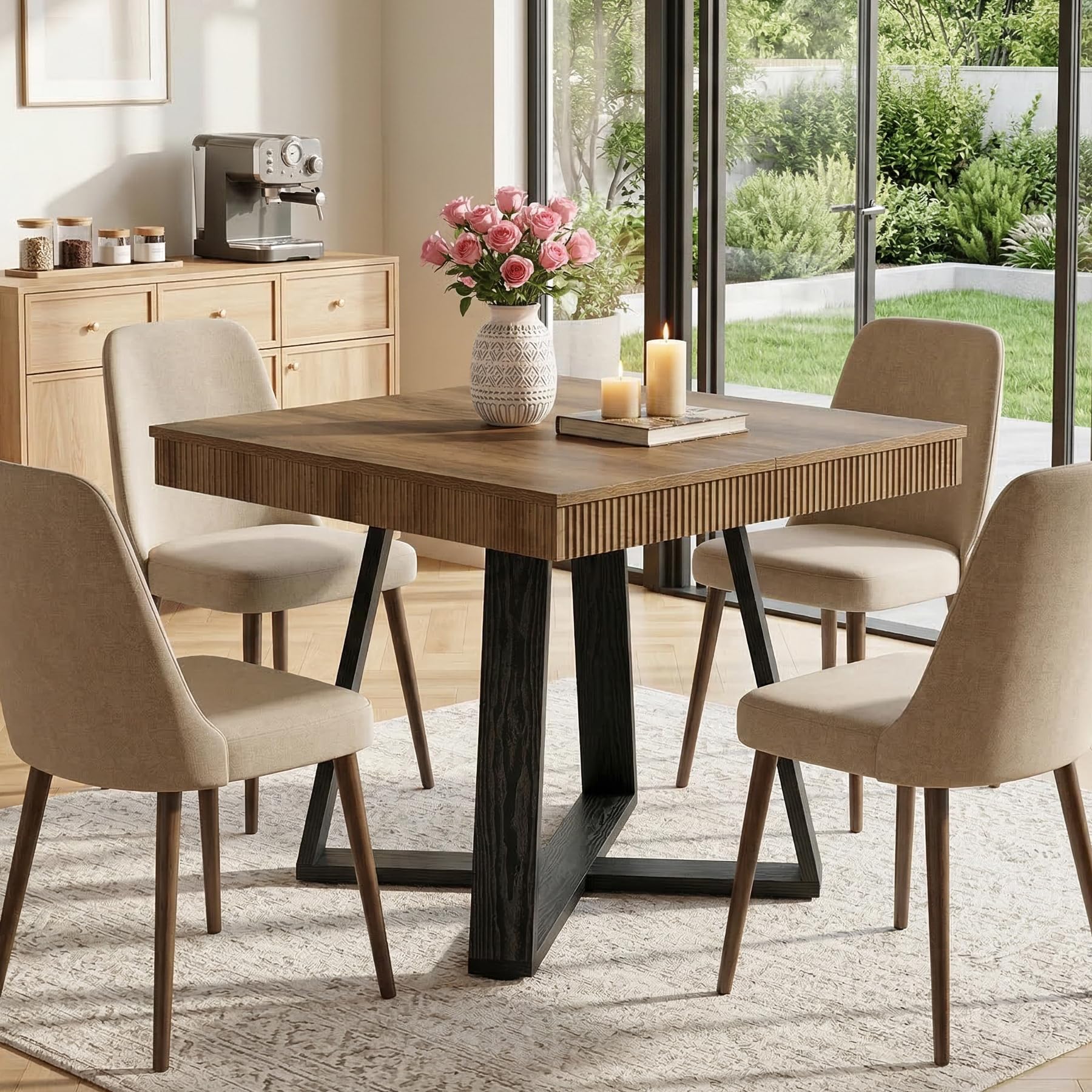 Tribesigns 31.5-Inch Square Dining Table for 4, Rustic Wood Kitchen Table with Fluted Edge & Sturdy X-Base, Farmhouse Small Dining Room Table for Apartment, Breakfast Nook & Small Spaces - Image 3