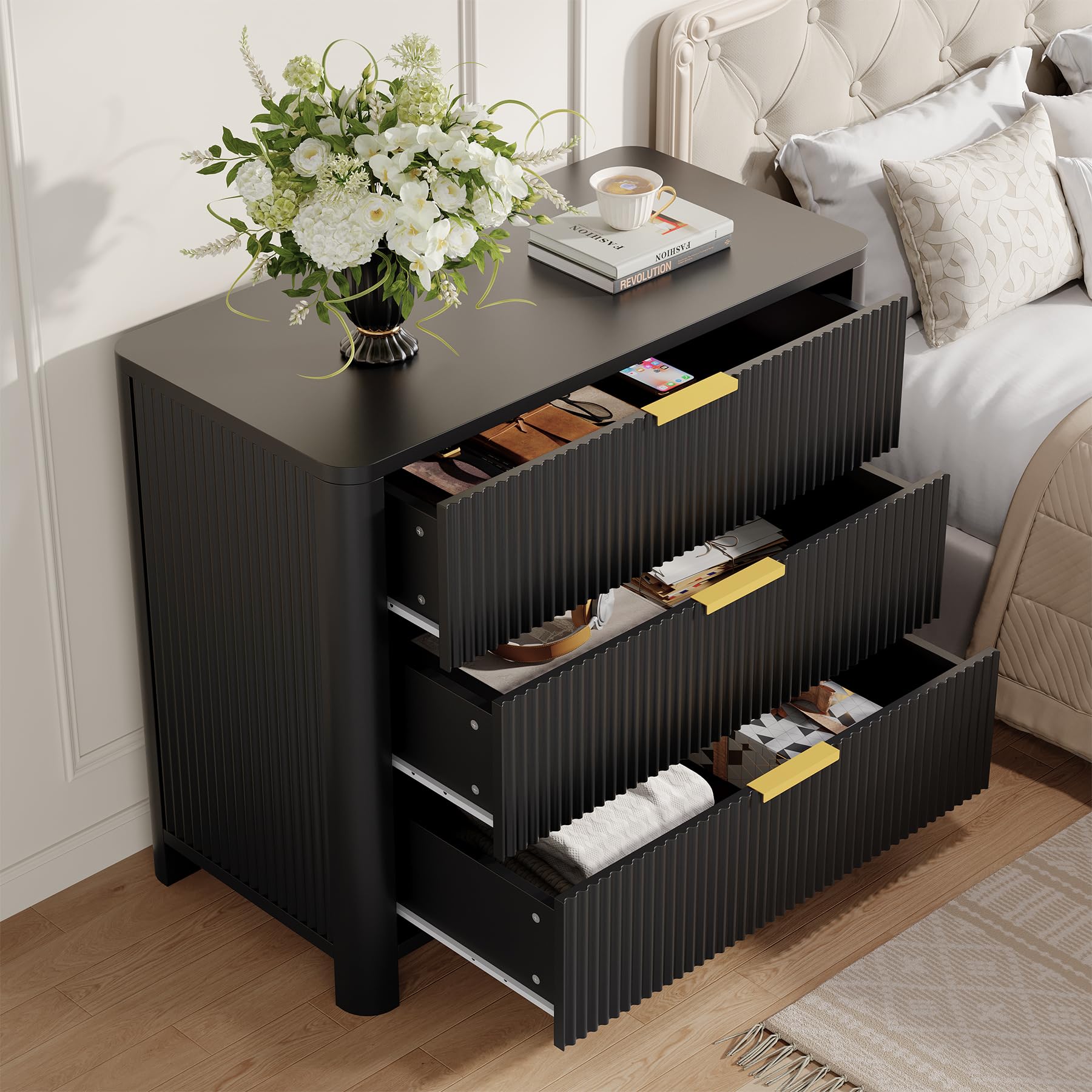 Tribesigns 31.5-Inch Wide Night Stand with 3 Drawers, Oversized Nightstand with Metal Handles, Modern Sofa End Side Table with Storage, Extra Large Bedside Table for Bedroom, Living Room (1, Black) - Image 3