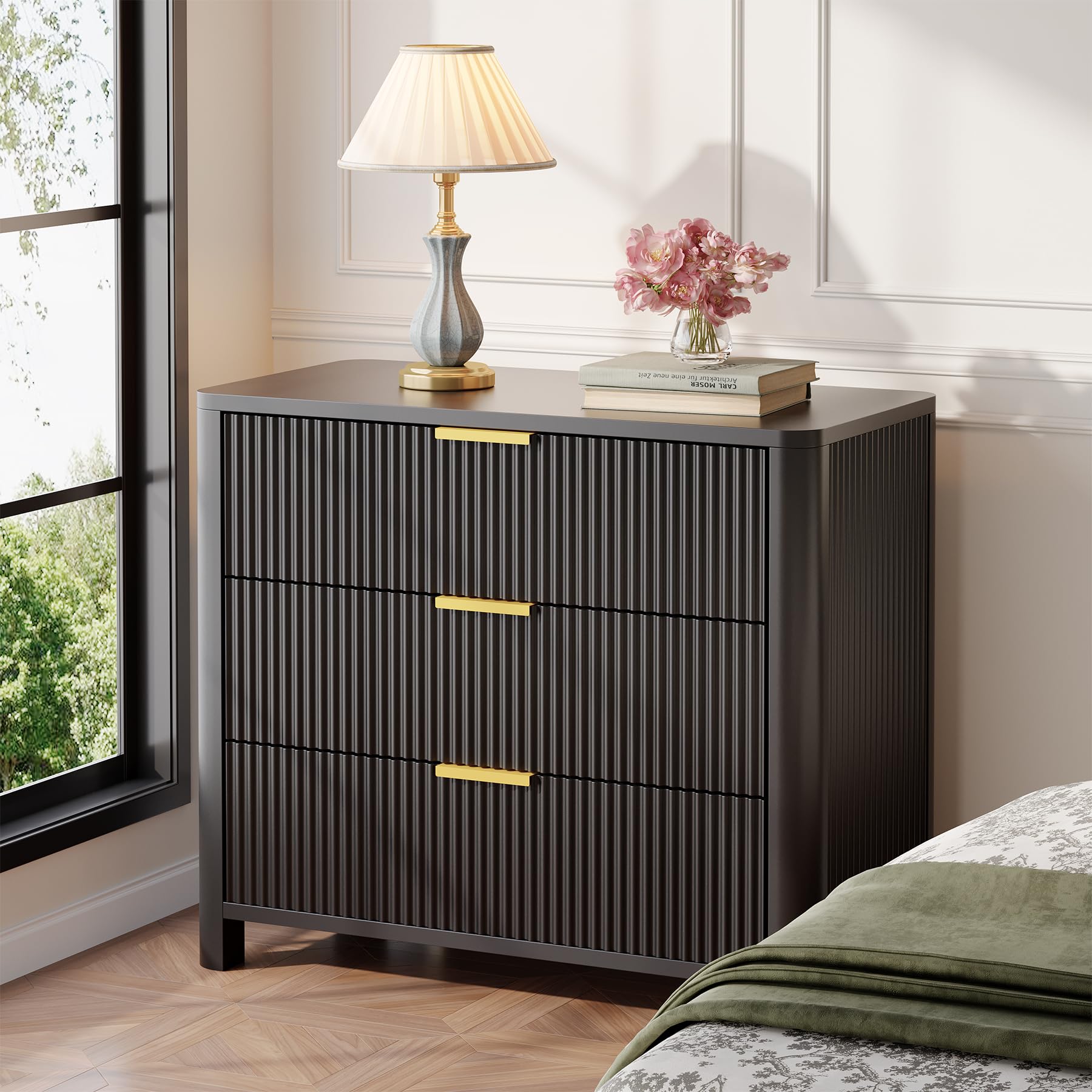 Tribesigns 31.5-Inch Wide Night Stand with 3 Drawers, Oversized Nightstand with Metal Handles, Modern Sofa End Side Table with Storage, Extra Large Bedside Table for Bedroom, Living Room (1, Black) - Image 4