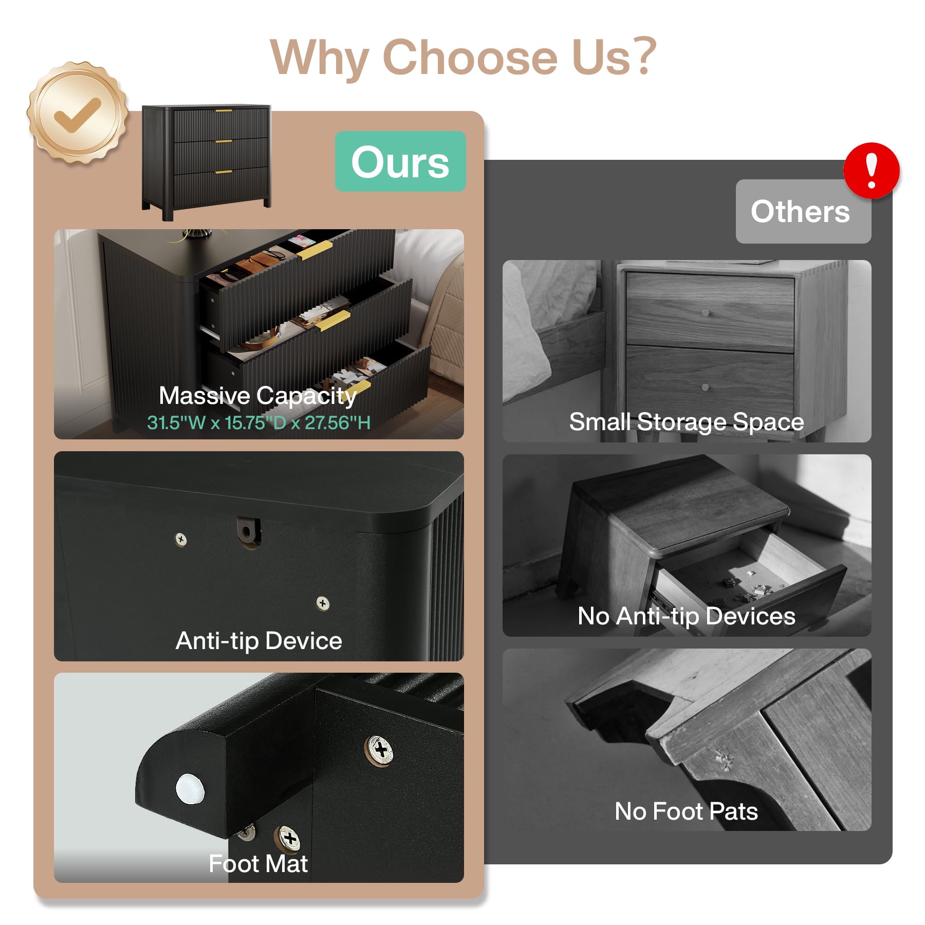 Tribesigns 31.5-Inch Wide Night Stand with 3 Drawers, Oversized Nightstand with Metal Handles, Modern Sofa End Side Table with Storage, Extra Large Bedside Table for Bedroom, Living Room (1, Black) - Image 7