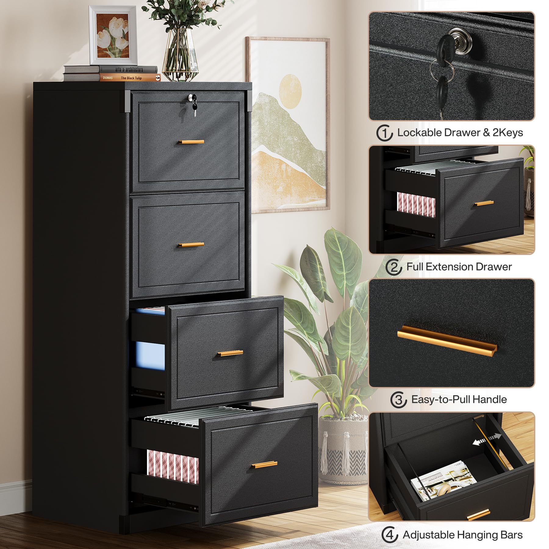 Tribesigns 4-Drawer File Cabinet with Lock, Locked File Cabinet with Key, Tall Wooden Filing Cabinets for Home Office, Vertical Office Storage for Legal Size/Letter/A4/Files, Black (2 Pieces) - Image 3
