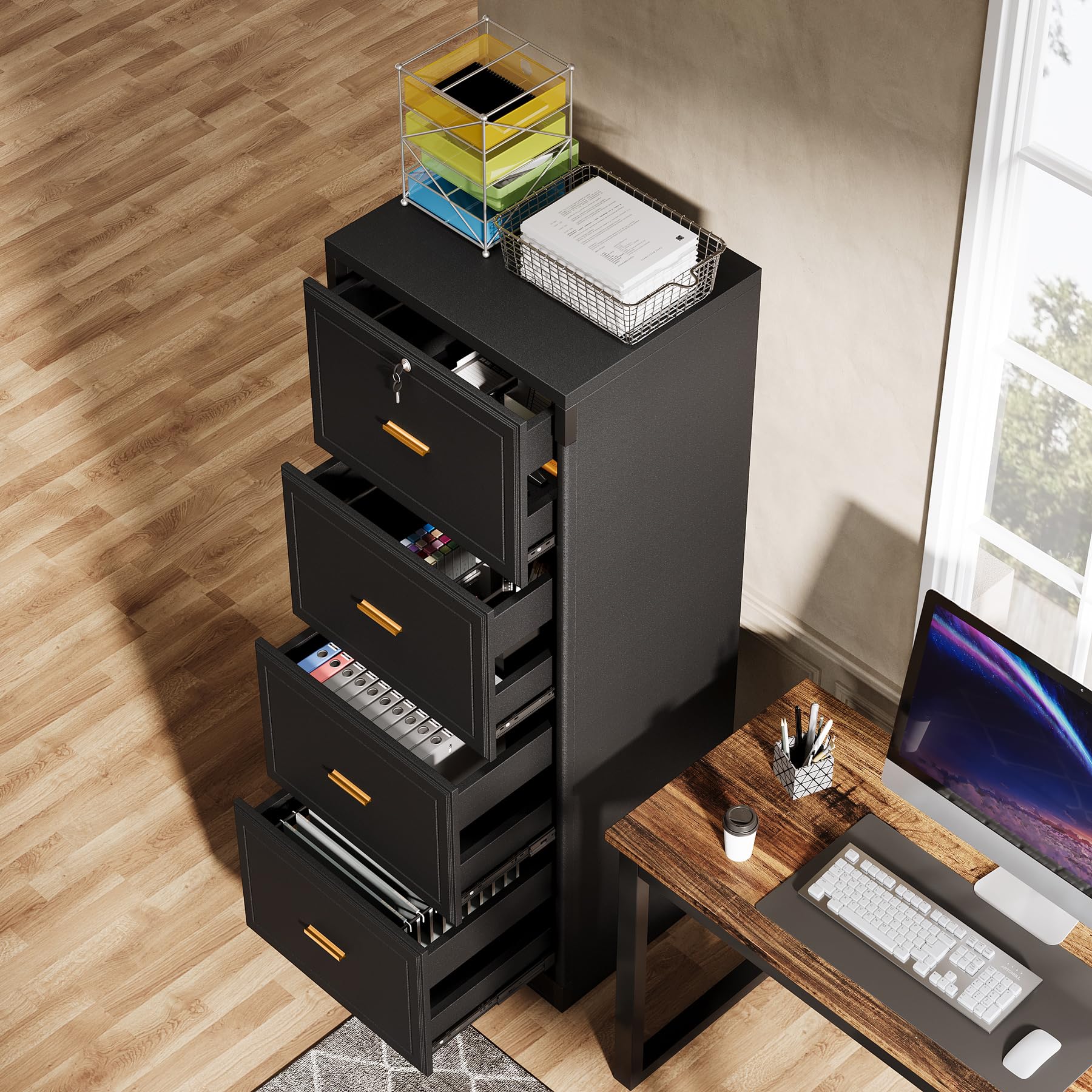 Tribesigns 4-Drawer File Cabinet with Lock, Locked File Cabinet with Key, Tall Wooden Filing Cabinets for Home Office, Vertical Office Storage for Legal Size/Letter/A4/Files, Black (2 Pieces) - Image 5