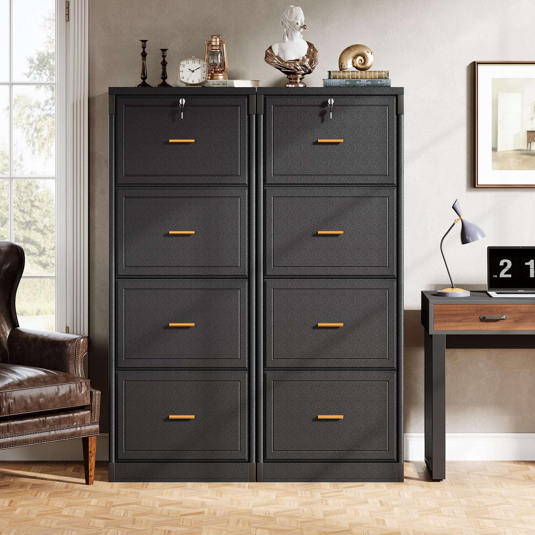 Tribesigns 4-Drawer File Cabinet with Lock, Locked File Cabinet with Key, Tall Wooden Filing Cabinets for Home Office, Vertical Office Storage for Legal Size/Letter/A4/Files, Black (2 Pieces) - Image 9