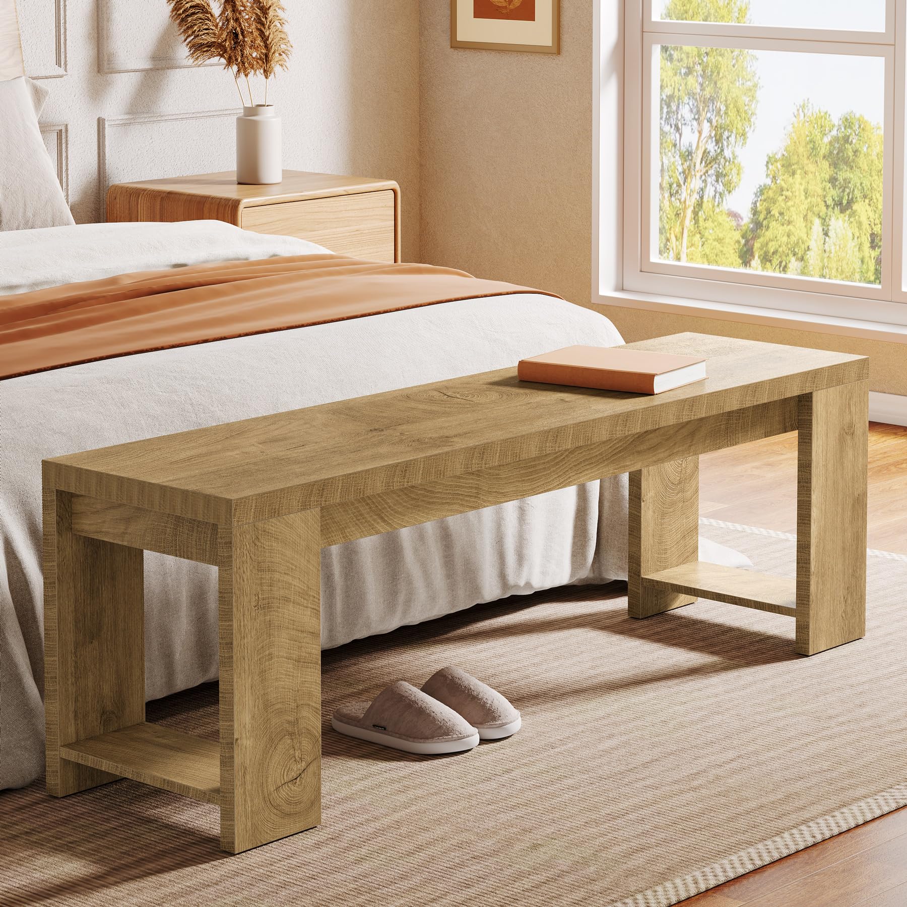 Tribesigns 47.2" Wooden Dining Bench, Modern Farmhouse End of Bed Bench for Bedroom Dining Room, Rustic Brown - Image 3
