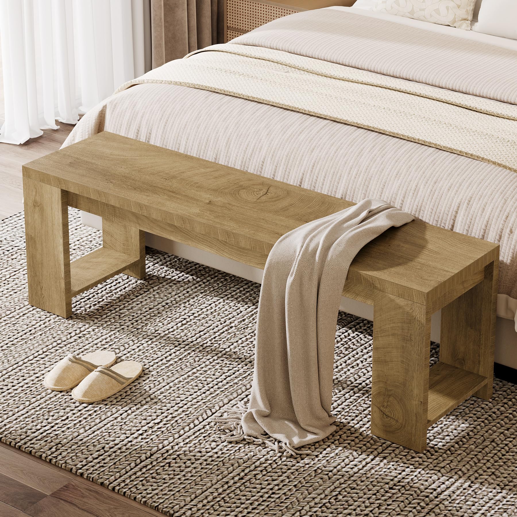 Tribesigns 47.2" Wooden Dining Bench, Modern Farmhouse End of Bed Bench for Bedroom Dining Room, Rustic Brown - Image 4