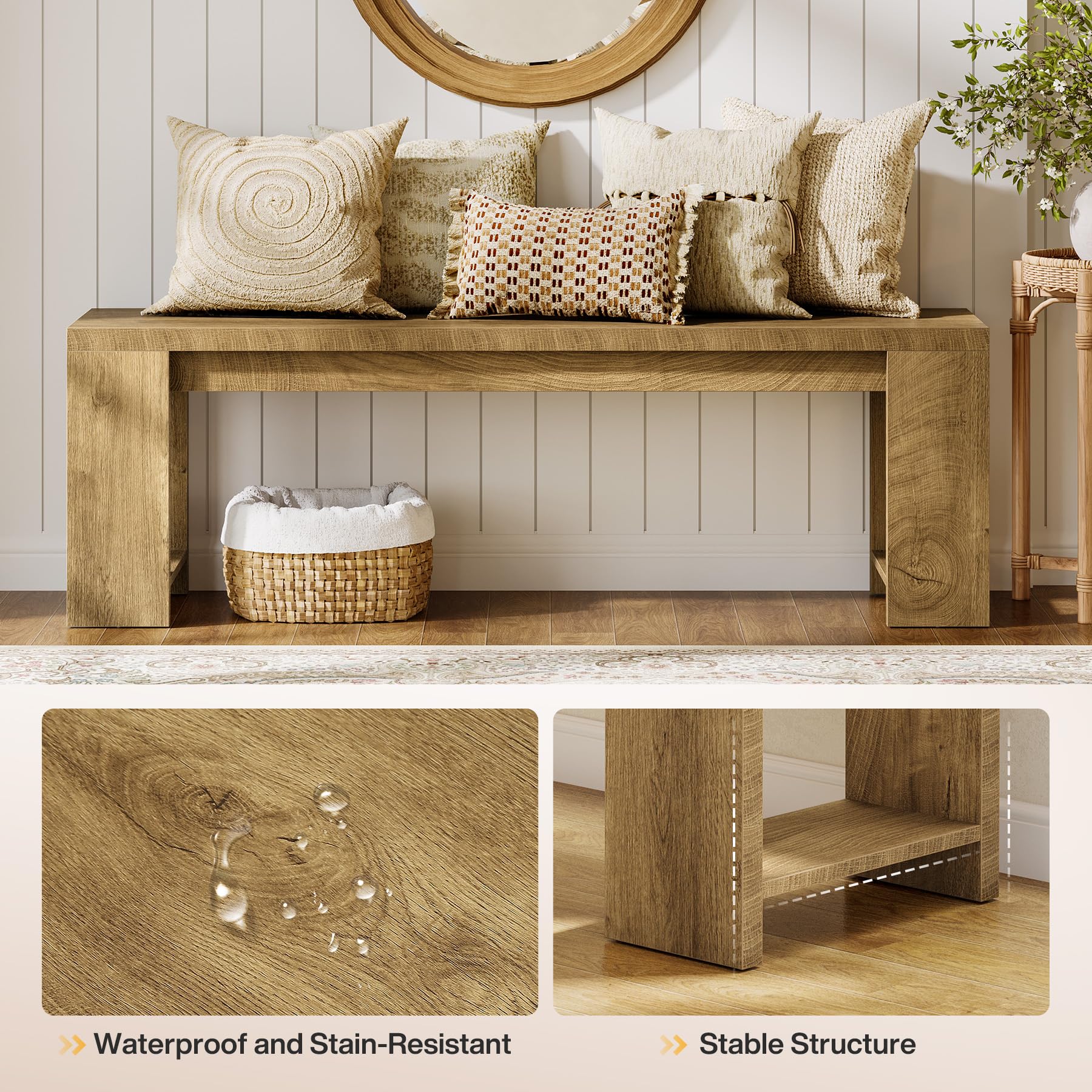 Tribesigns 47.2" Wooden Dining Bench, Modern Farmhouse End of Bed Bench for Bedroom Dining Room, Rustic Brown - Image 7