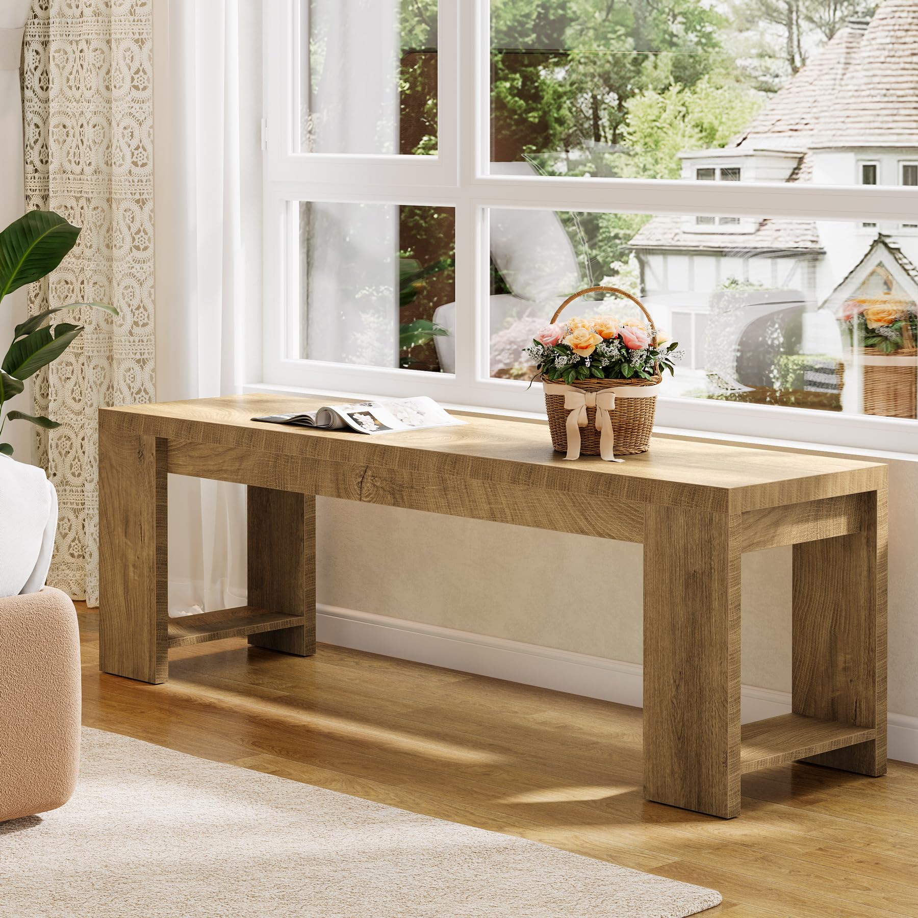 Tribesigns 47.2" Wooden Dining Bench, Modern Farmhouse End of Bed Bench for Bedroom Dining Room, Rustic Brown - Image 9