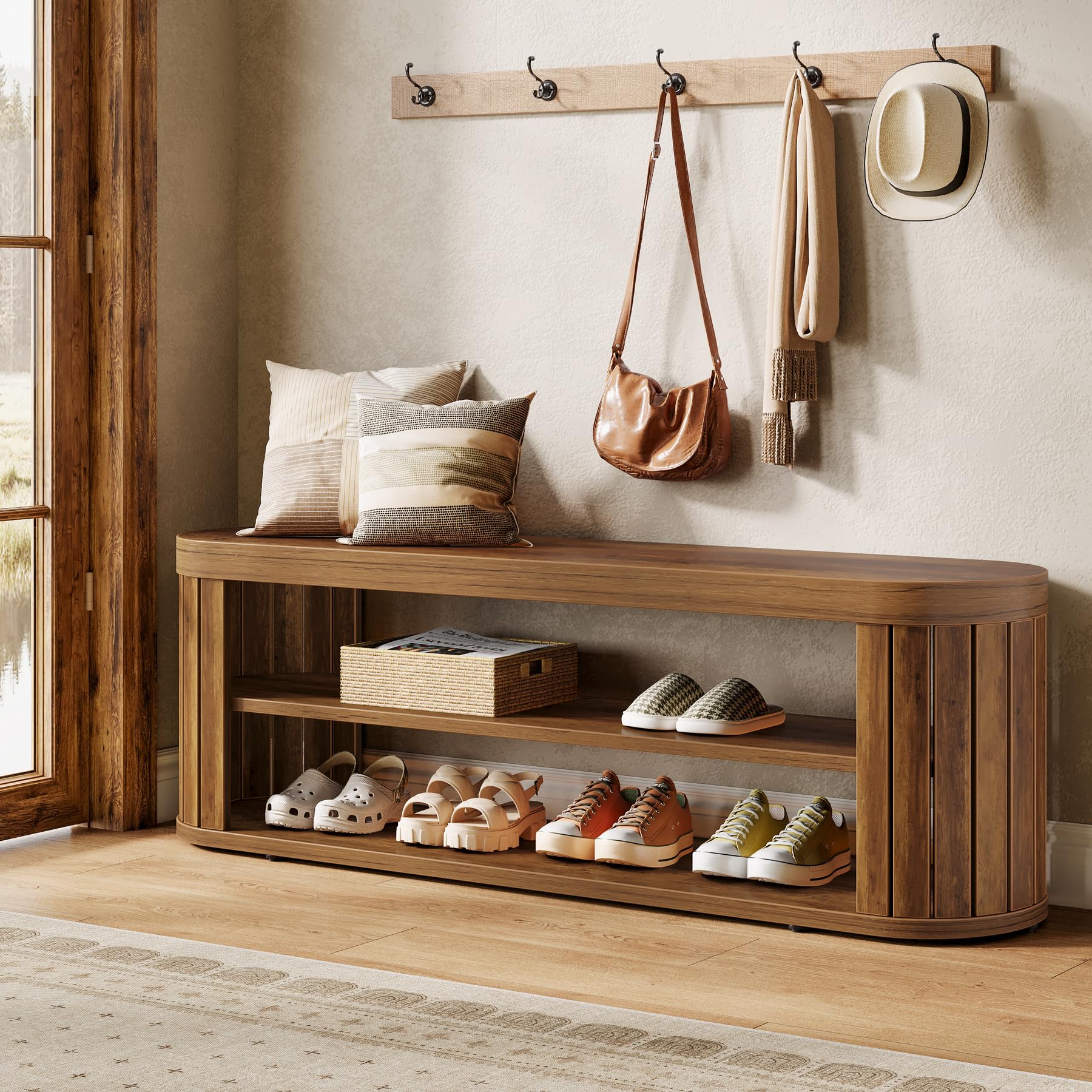 Tribesigns 47.2" Wooden Dining Bench, Farmhouse Entryway Bench with Adjustable Foot Pads & 2-Tier Shoe Storage, End of Bed Stool for Bedroom, Hallway, Living Room, Dining Room, Rustic Brown - Image 5