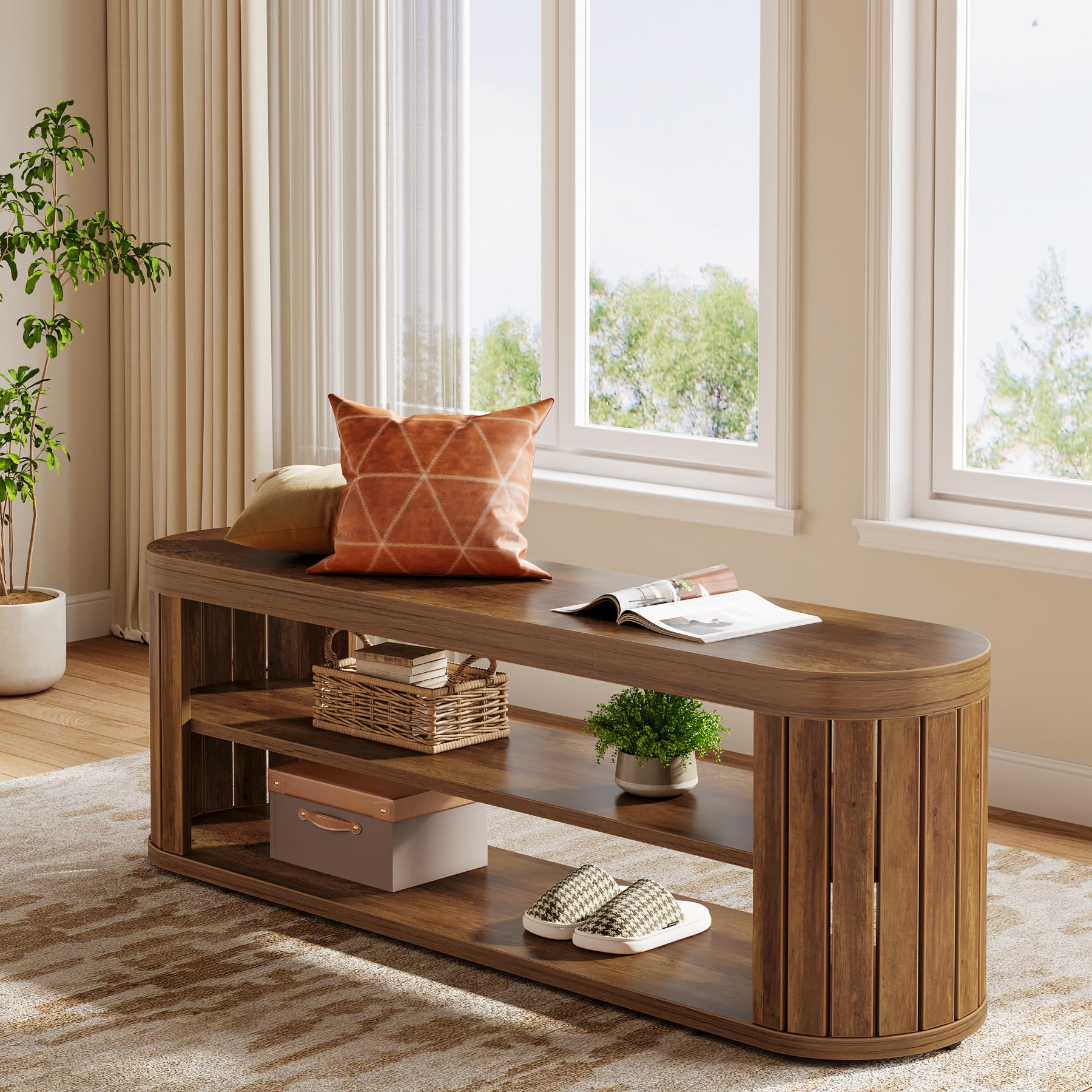 Tribesigns 47.2" Wooden Dining Bench, Farmhouse Entryway Bench with Adjustable Foot Pads & 2-Tier Shoe Storage, End of Bed Stool for Bedroom, Hallway, Living Room, Dining Room, Rustic Brown - Image 3