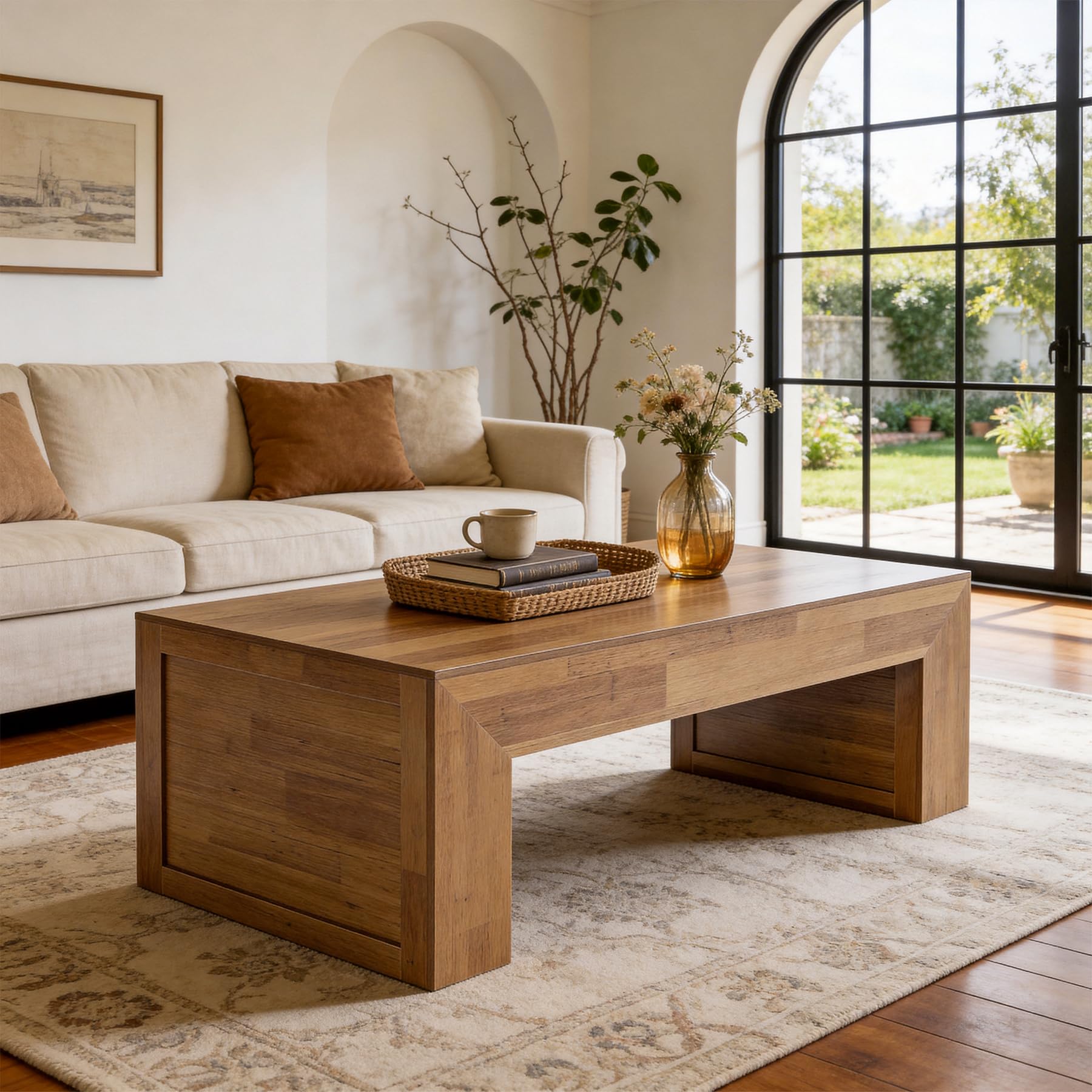 Tribesigns 47-Inch Farmhouse Coffee Table, Wooden Rectangular Center Table with Thick Base, Modern Cocktail Tea Furniture for Living Room (Oak Brown) - Image 3