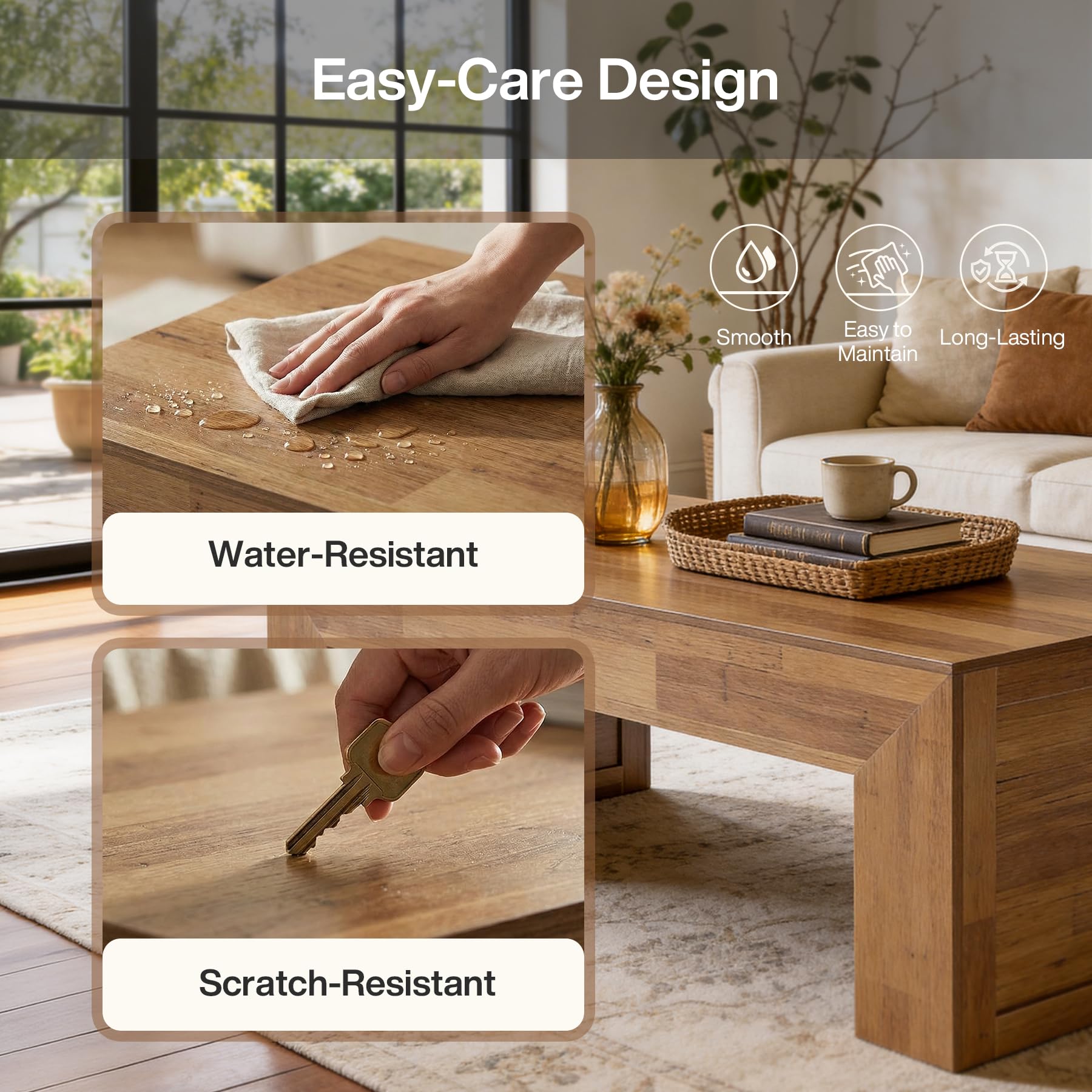 Tribesigns 47-Inch Farmhouse Coffee Table, Wooden Rectangular Center Table with Thick Base, Modern Cocktail Tea Furniture for Living Room (Oak Brown) - Image 5