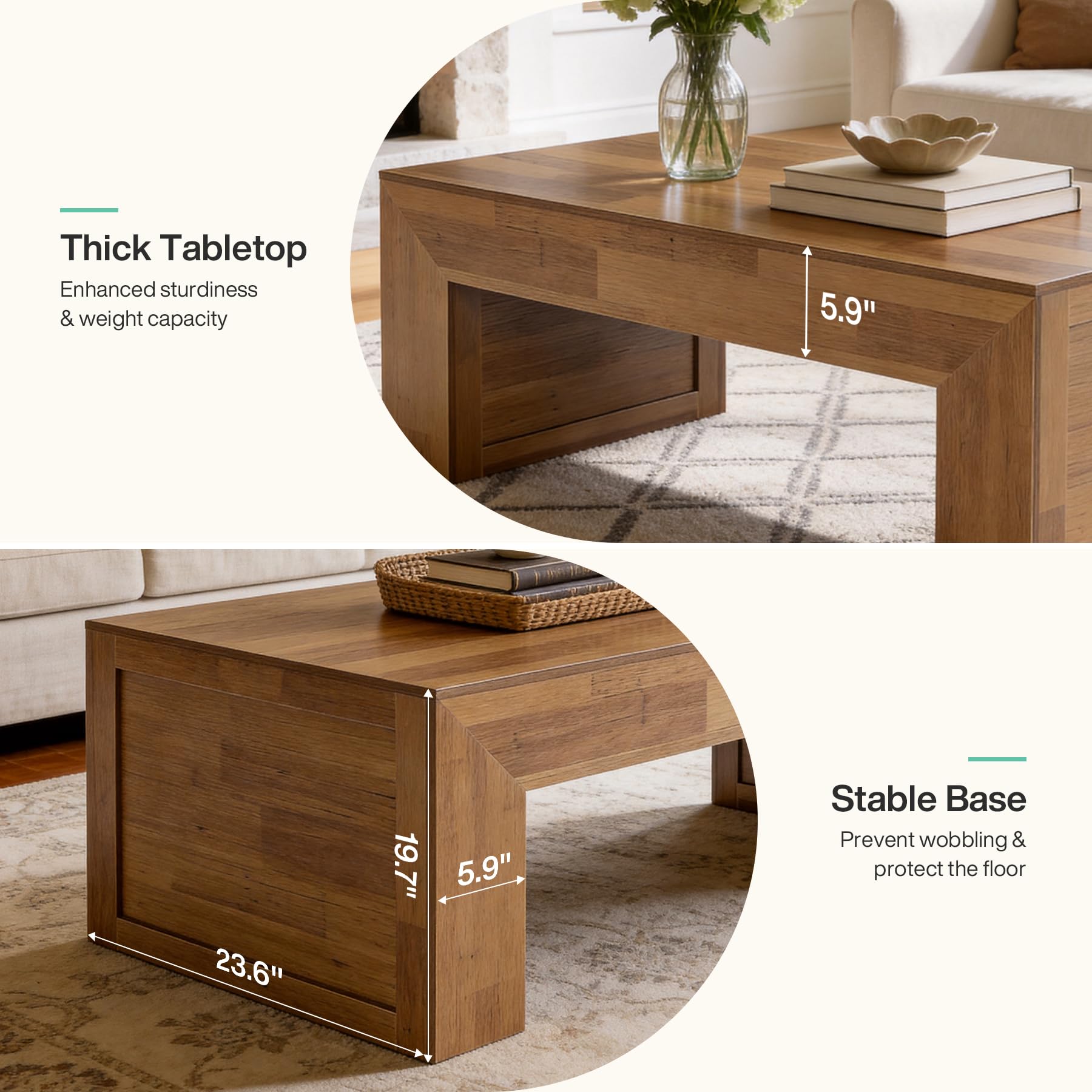 Tribesigns 47-Inch Farmhouse Coffee Table, Wooden Rectangular Center Table with Thick Base, Modern Cocktail Tea Furniture for Living Room (Oak Brown) - Image 7