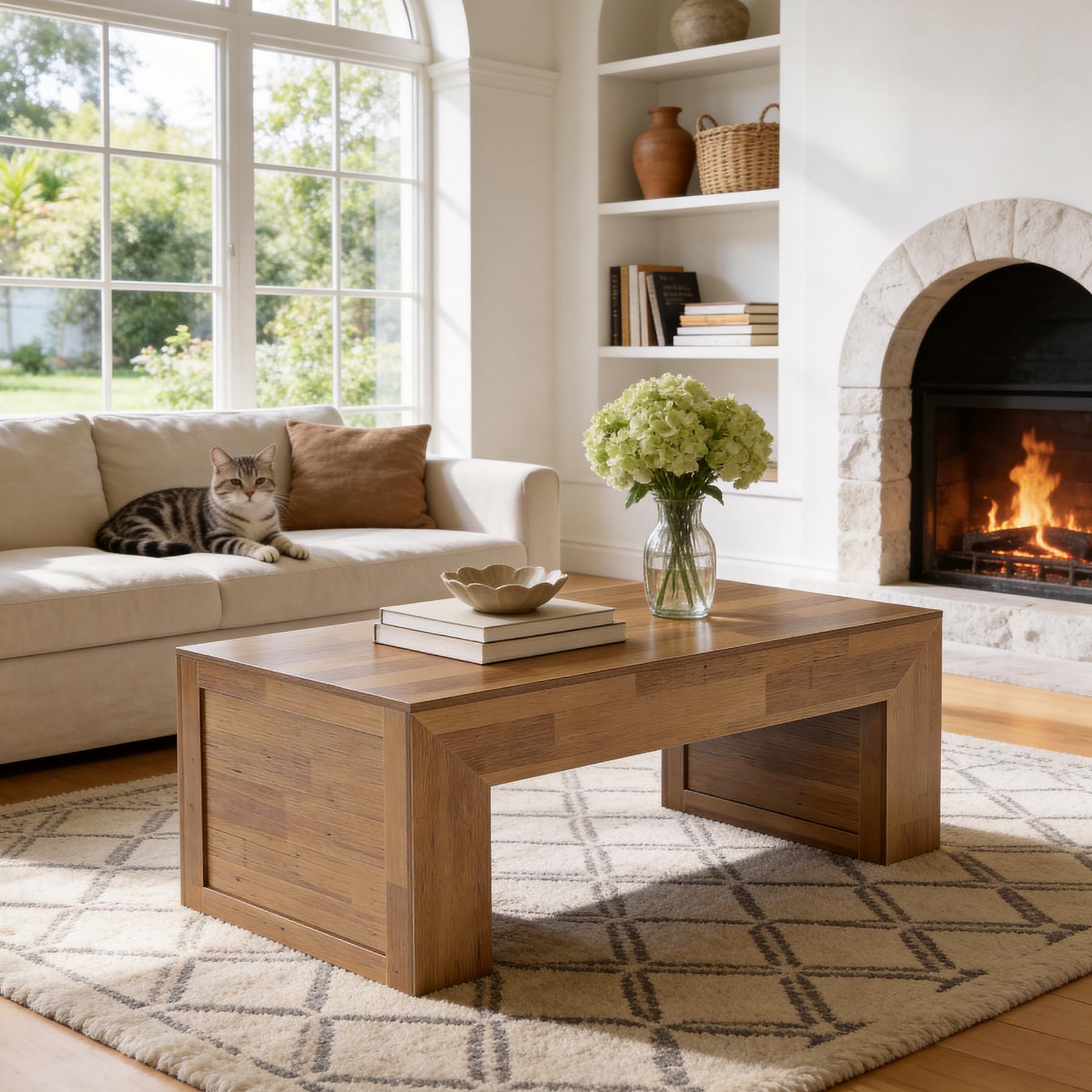 Tribesigns 47-Inch Farmhouse Coffee Table, Wooden Rectangular Center Table with Thick Base, Modern Cocktail Tea Furniture for Living Room (Oak Brown) - Image 9