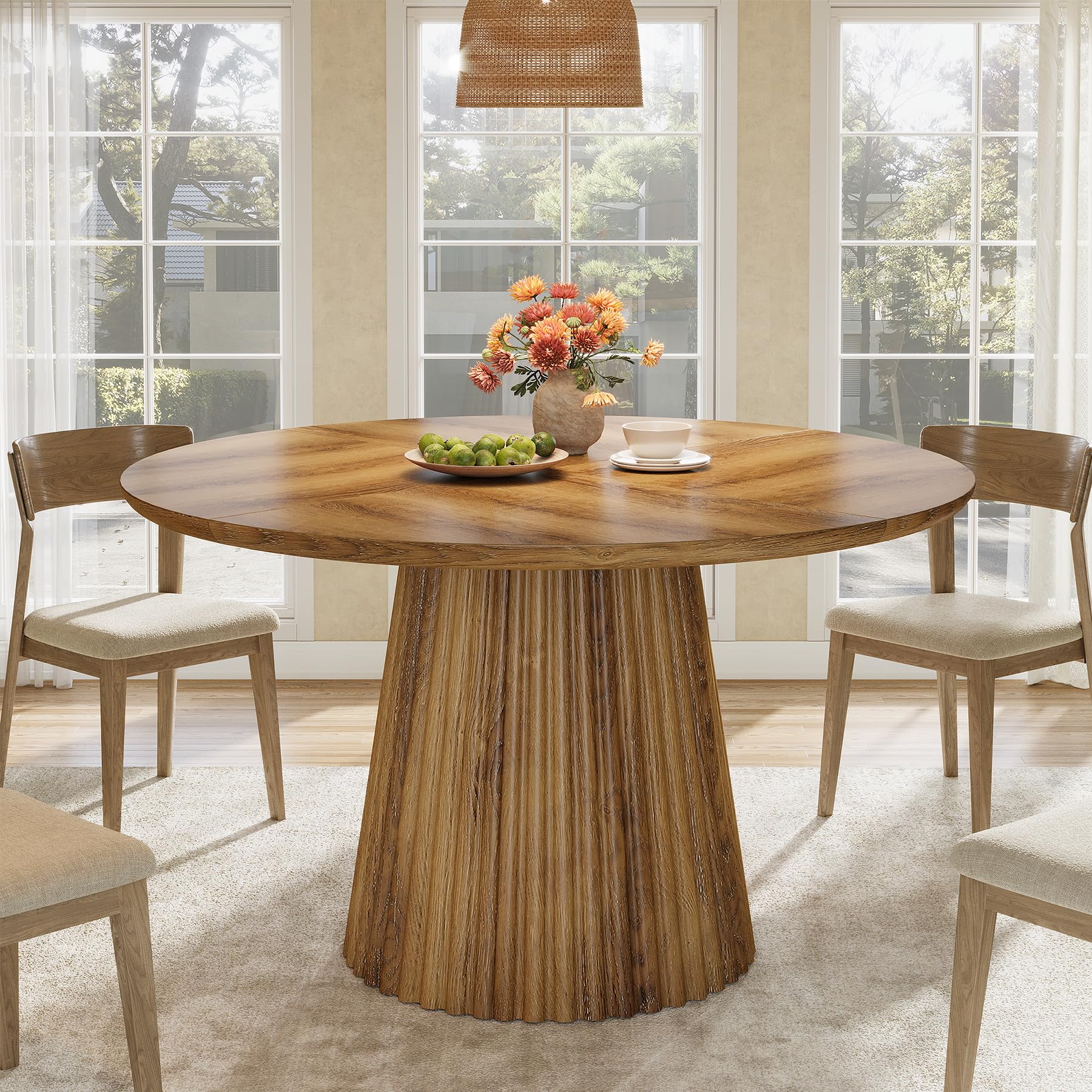 Tribesigns 47" Round Dining Table for 4-6 People, Wood Farmhouse Kitchen Table with Fluted Pedestal Base for Dining Room, Kitchen, Living Room - Image 3