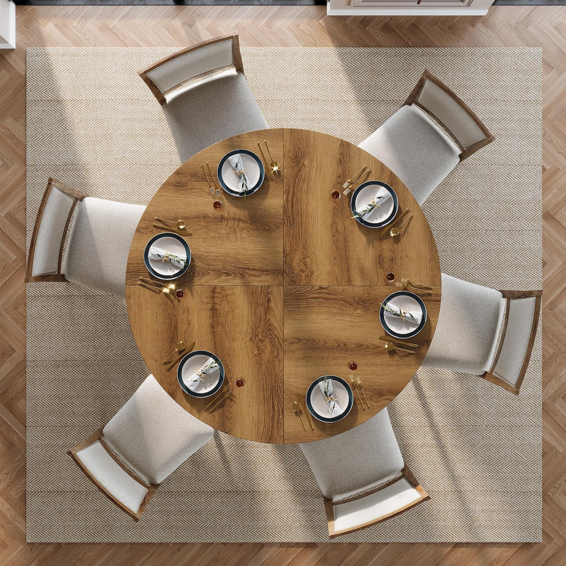 Tribesigns 47" Round Dining Table for 4-6 People, Wood Farmhouse Kitchen Table with Fluted Pedestal Base for Dining Room, Kitchen, Living Room - Image 9