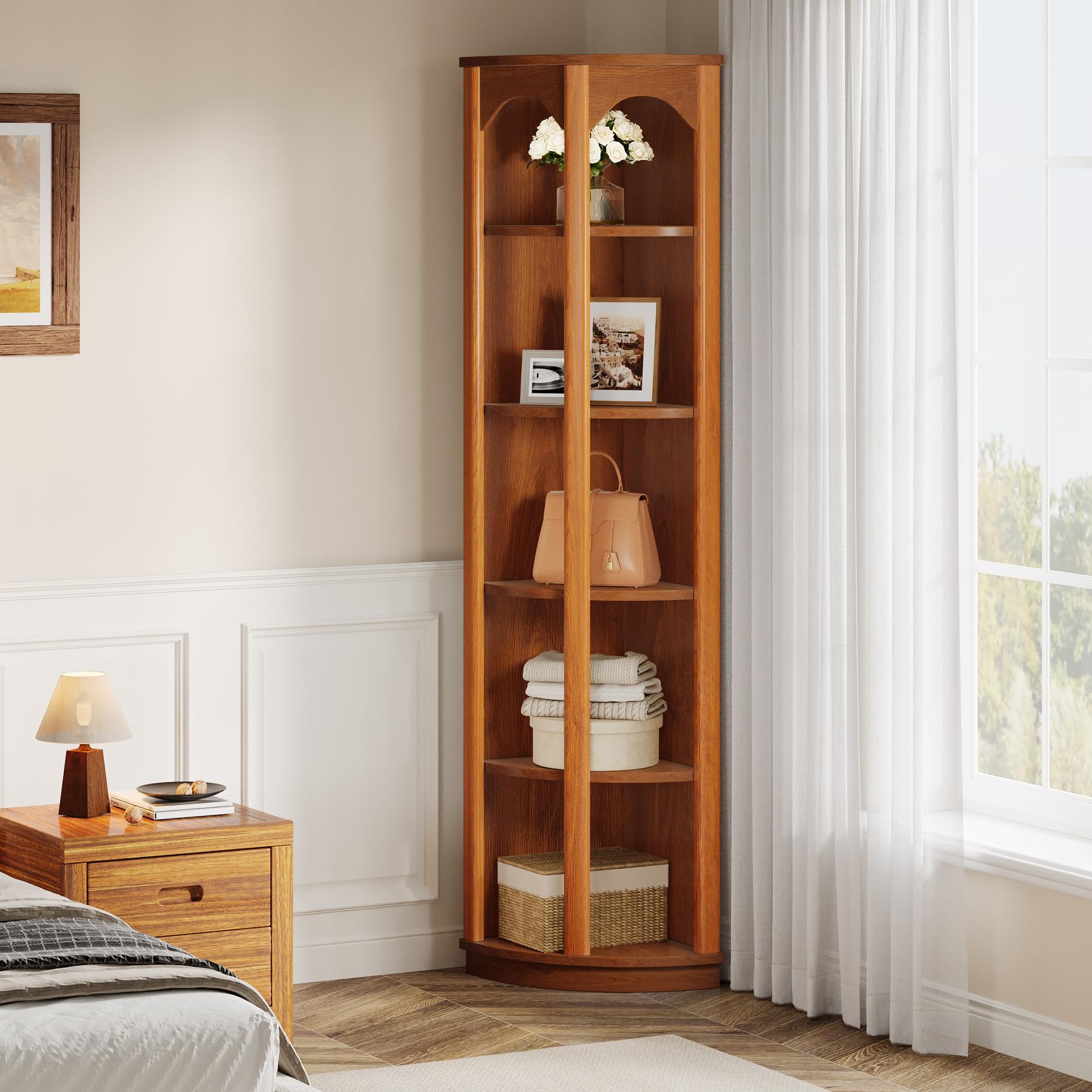 Tribesigns 5-Tier Corner Shelf, 67-Inch Tall Corner Bookshelf Bookcase with Unique Shape, Narrow Shelving Unit Storage Rack for Living Room, Home Office, Kitchen, Small Space - Image 6