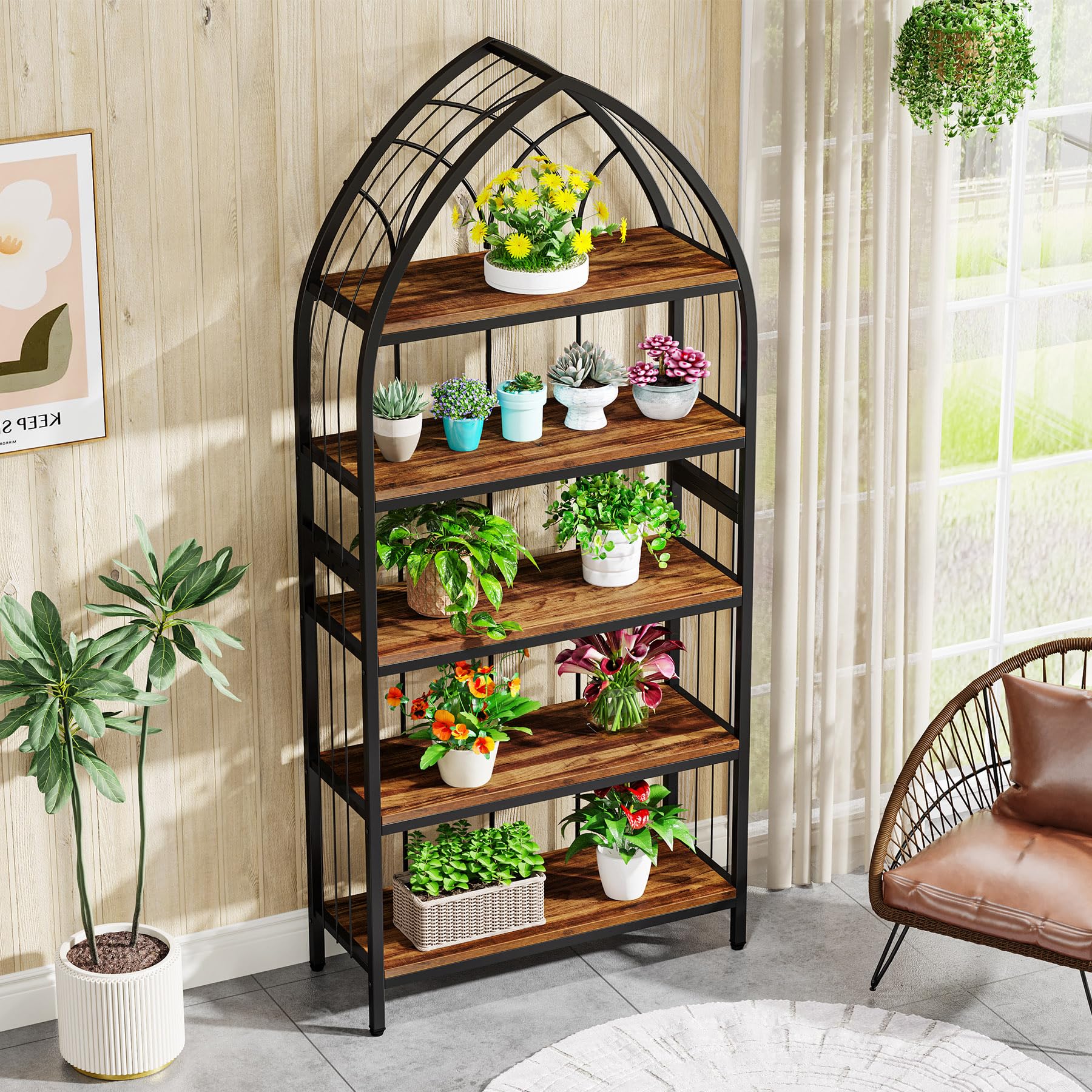 Tribesigns 5-Tier Indoor Plant Stand, 74.8-Inch Tall, Industrial Wood & Metal Plant Shelf for Indoor, Balcony, Garden (Rustic Brown & Black) - Image 4