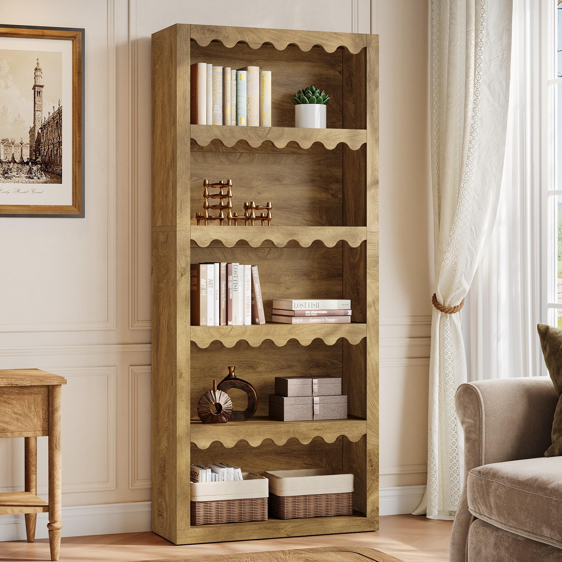 Tribesigns 5-Tier Open Bookcase, 70-Inch Tall White Bookshelf with Scalloped Edges, Modern Display Shelves Storage Organizer for Living Room, Home Office, Bedroom (1, Brown) - Image 3