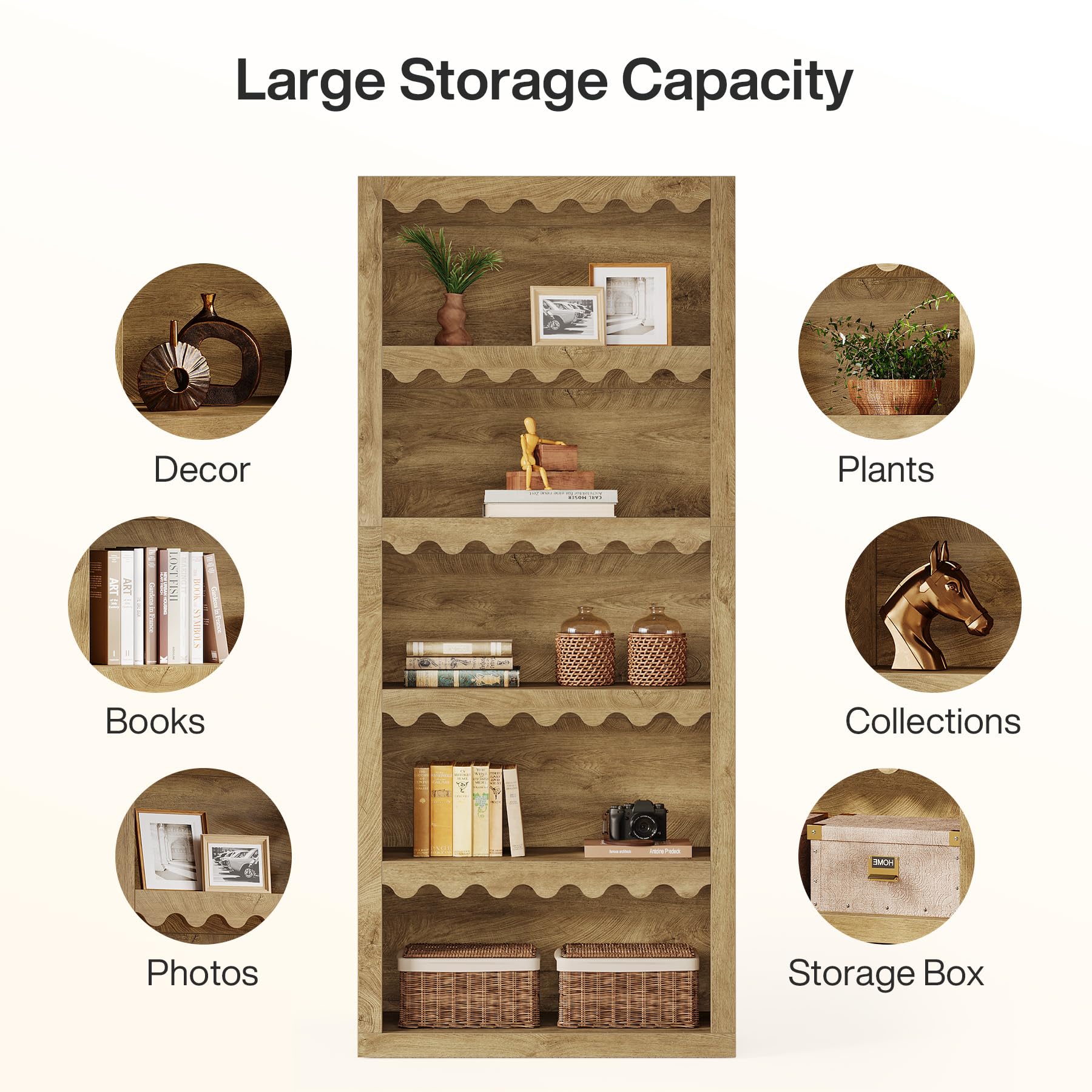 Tribesigns 5-Tier Open Bookcase, 70-Inch Tall White Bookshelf with Scalloped Edges, Modern Display Shelves Storage Organizer for Living Room, Home Office, Bedroom (1, Brown) - Image 5