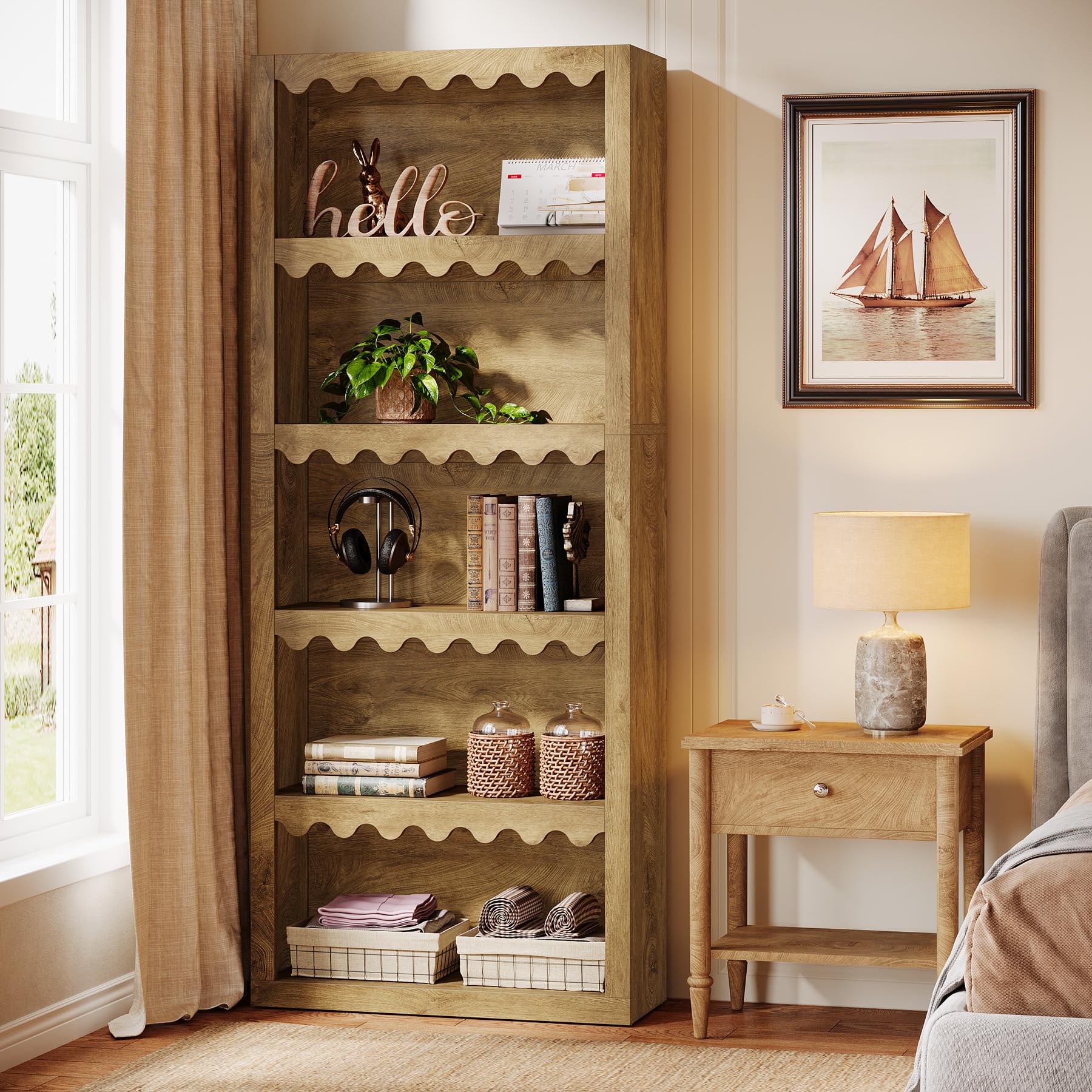 Tribesigns 5-Tier Open Bookcase, 70-Inch Tall White Bookshelf with Scalloped Edges, Modern Display Shelves Storage Organizer for Living Room, Home Office, Bedroom (1, Brown) - Image 6