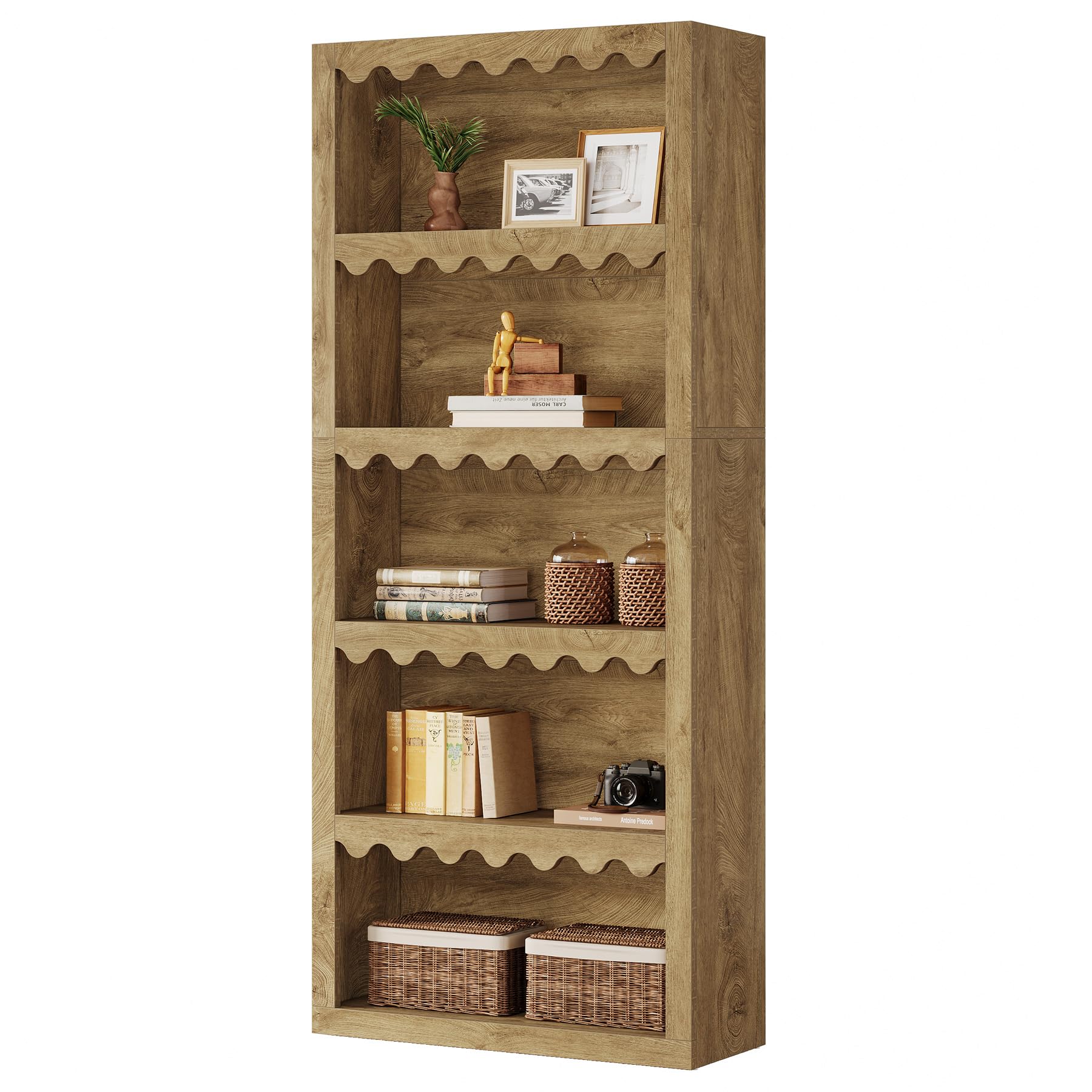 Tribesigns 5-Tier Open Bookcase, 70-Inch Tall White Bookshelf with Scalloped Edges, Modern Display Shelves Storage Organizer for Living Room, Home Office, Bedroom (1, Brown) - Image 8