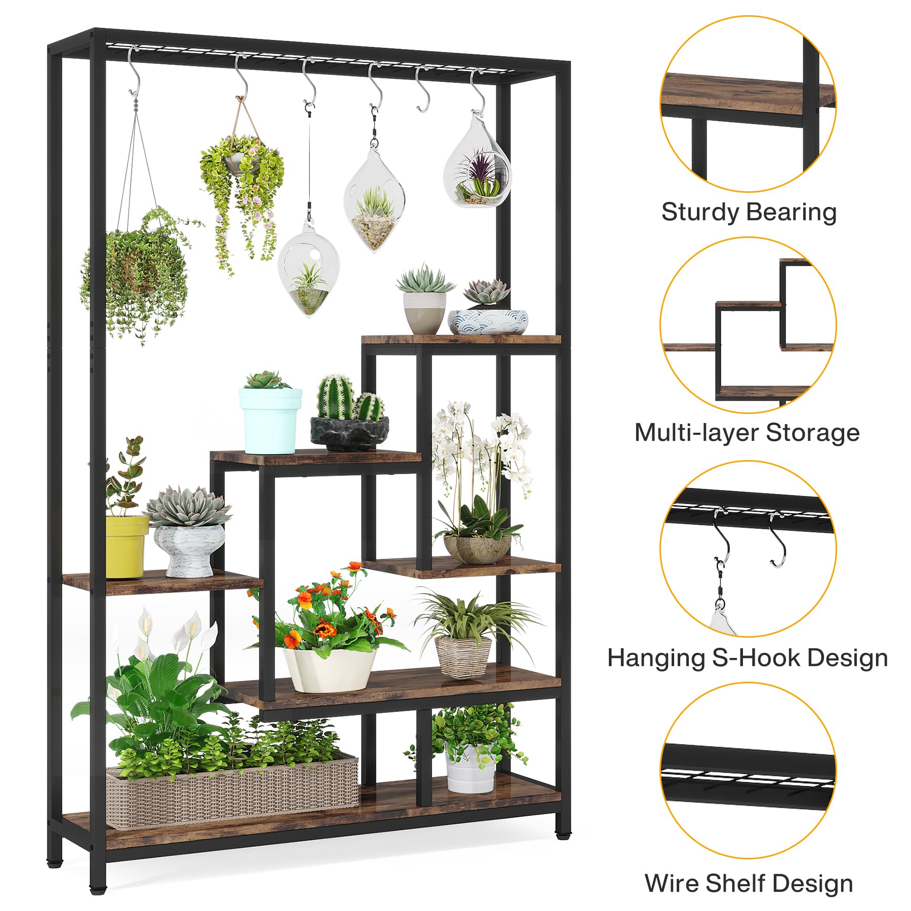 Tribesigns 5-Tier Tall Indoor Plant Stand, 70.9 inches Large Metal Plant Shelf with 6PC S Hanging Hooks, Multi-Purpose Flower Bonsai Pots Display Rack for Indoor, Garden, Balcony, Living Room - Image 6