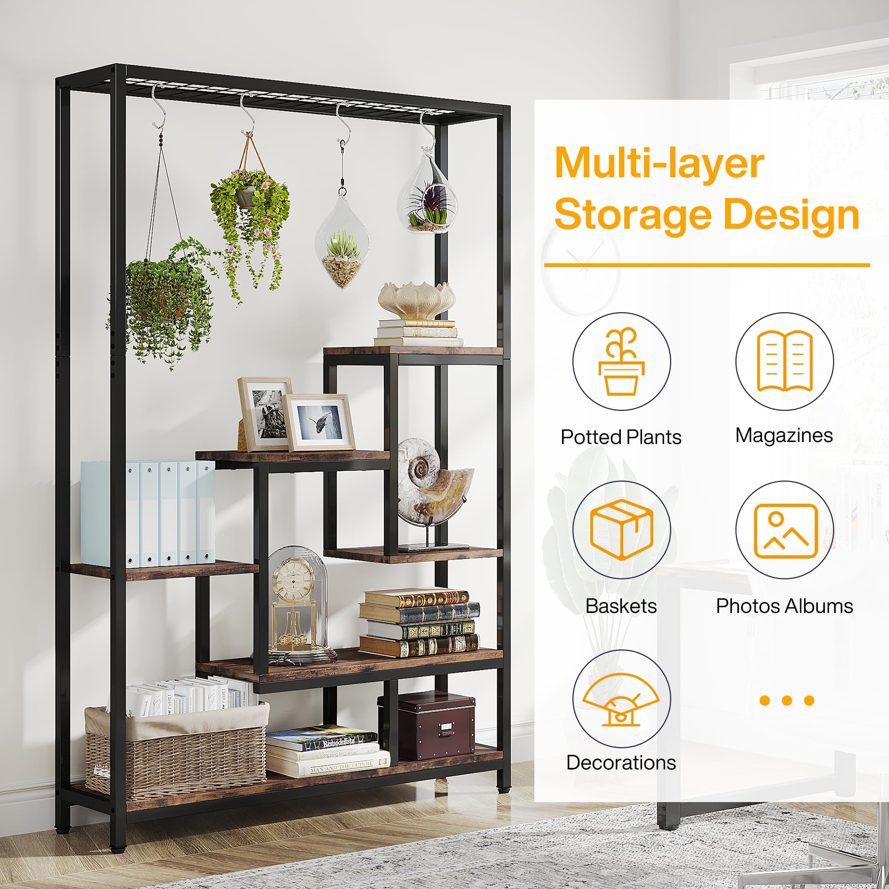 Tribesigns 5-Tier Tall Indoor Plant Stand, 70.9 inches Large Metal Plant Shelf with 6PC S Hanging Hooks, Multi-Purpose Flower Bonsai Pots Display Rack for Indoor, Garden, Balcony, Living Room - Image 7