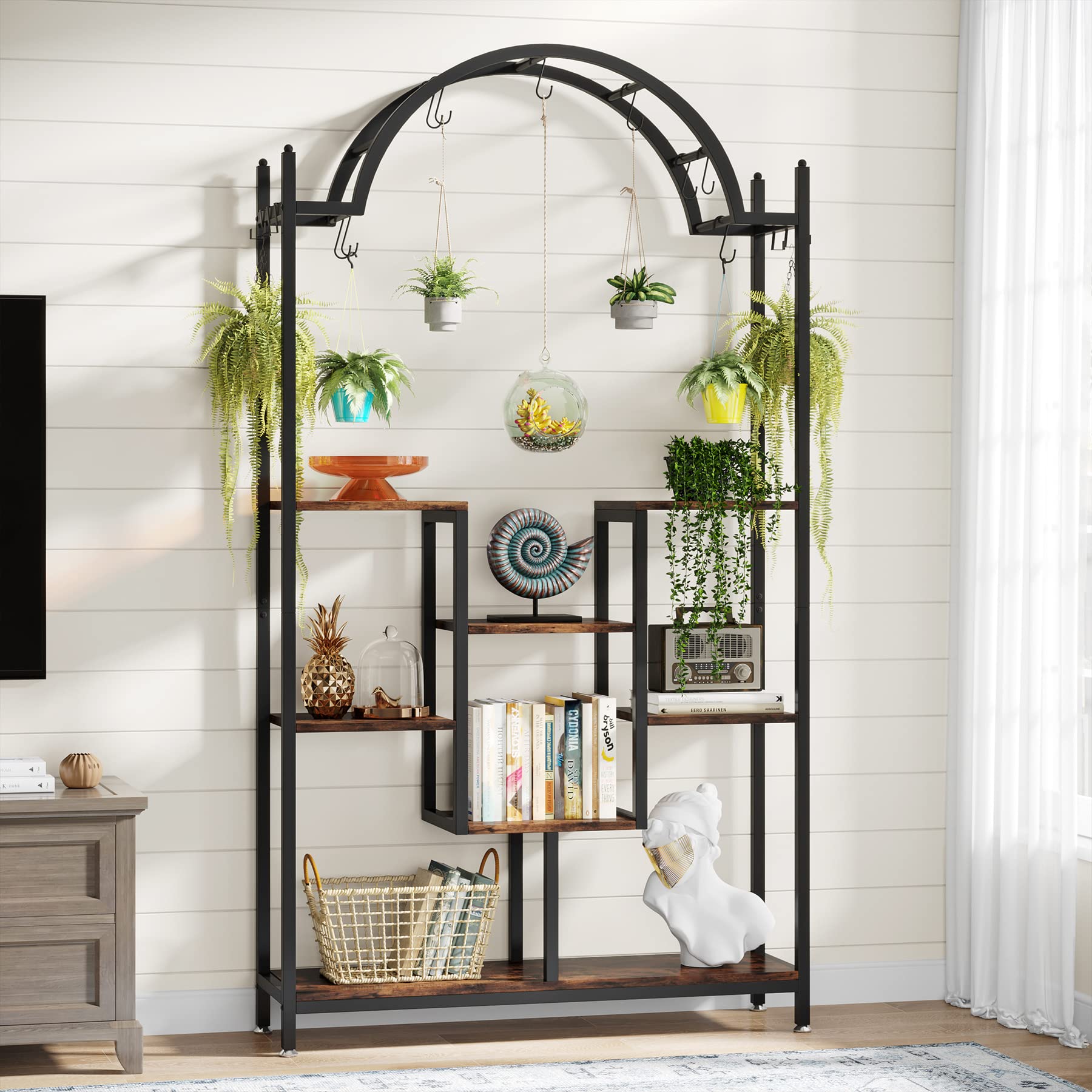 Tribesigns 5-Tier Tall Indoor Plant Stand, 74.8'' Arched Metal Flower Shelf with Hanging Hooks, Large Bonsai Pots Display Rack for Indoor, Balcony, Living Room - Image 4