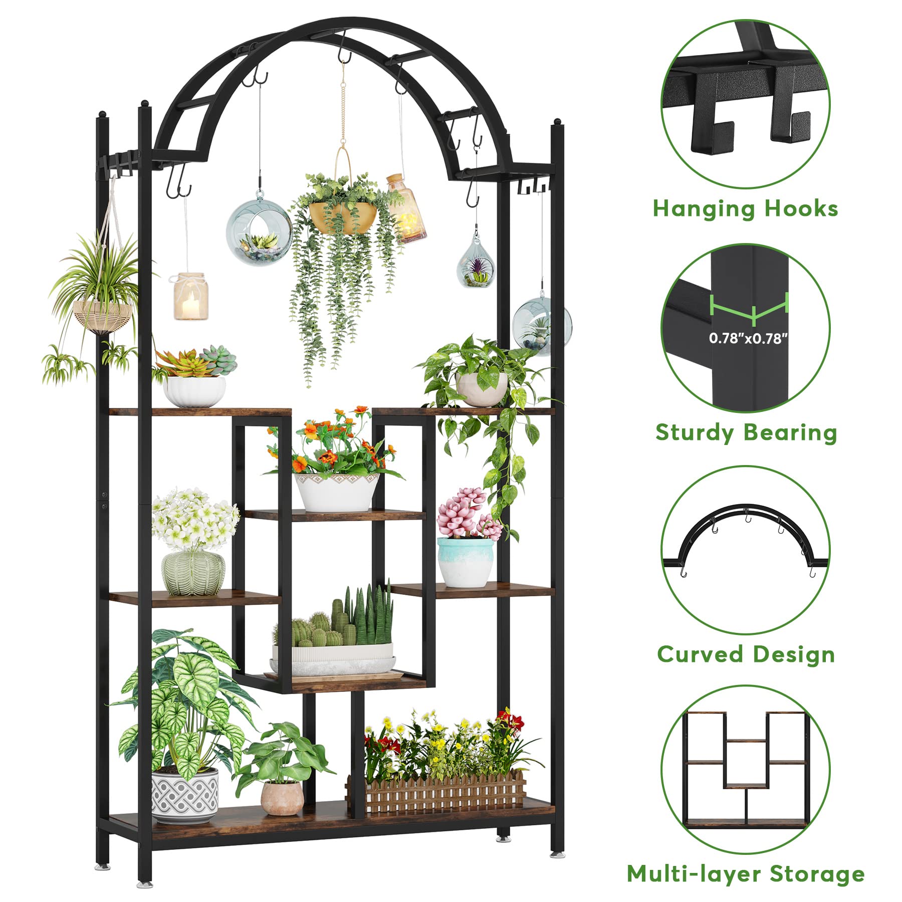 Tribesigns 5-Tier Tall Indoor Plant Stand, 74.8'' Arched Metal Flower Shelf with Hanging Hooks, Large Bonsai Pots Display Rack for Indoor, Balcony, Living Room - Image 6