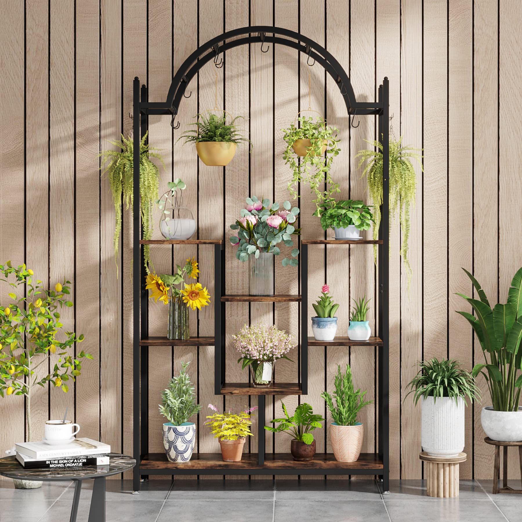 Tribesigns 5-Tier Tall Indoor Plant Stand, 74.8'' Arched Metal Flower Shelf with Hanging Hooks, Large Bonsai Pots Display Rack for Indoor, Balcony, Living Room - Image 8