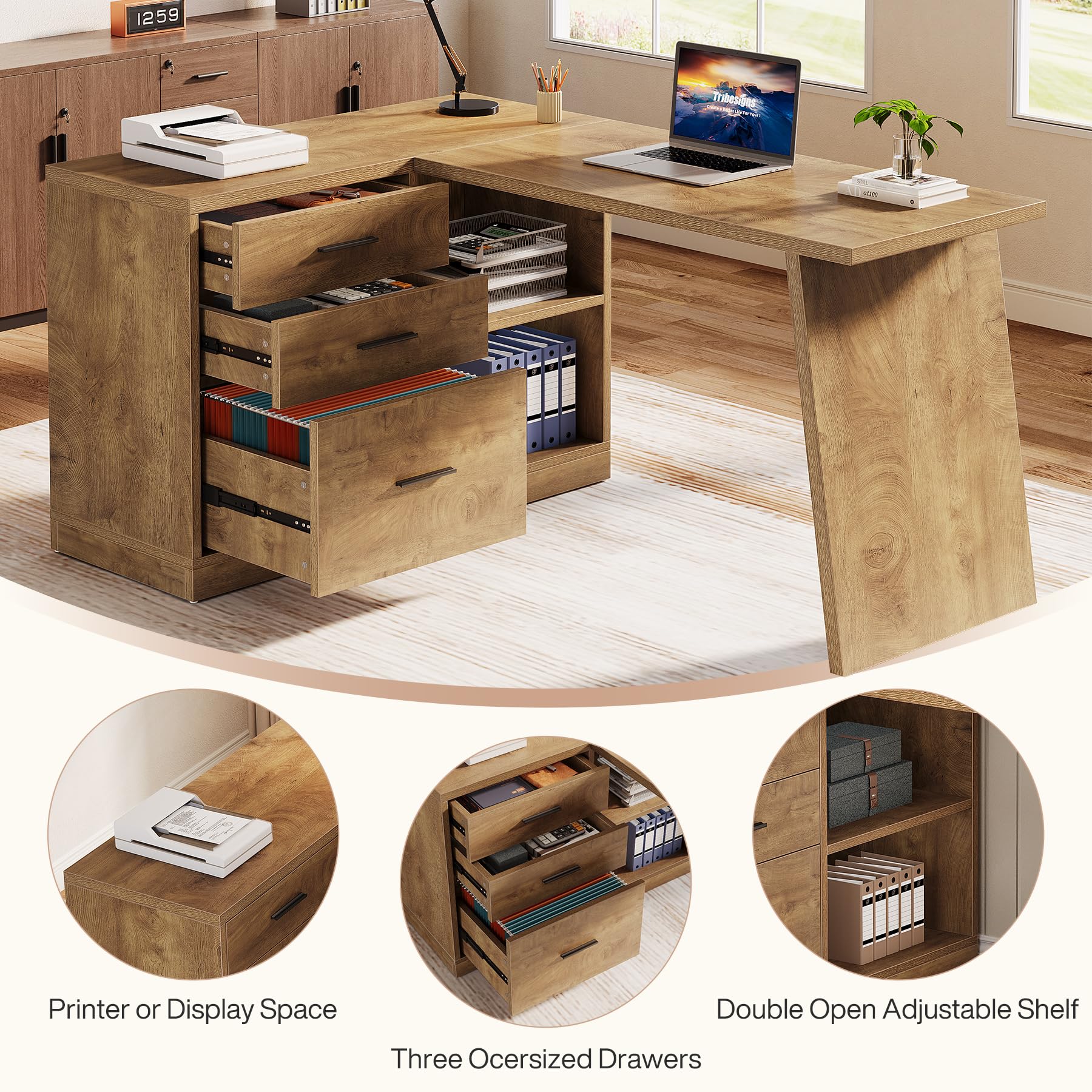 Tribesigns 55-Inch L Shaped Computer Desk with 3 Drawers, Corner Home Office Desk with Storage Shelves, Farmhouse Wood Executive Desk for Work Writing Sturdy, Gaming, Brown - Image 3