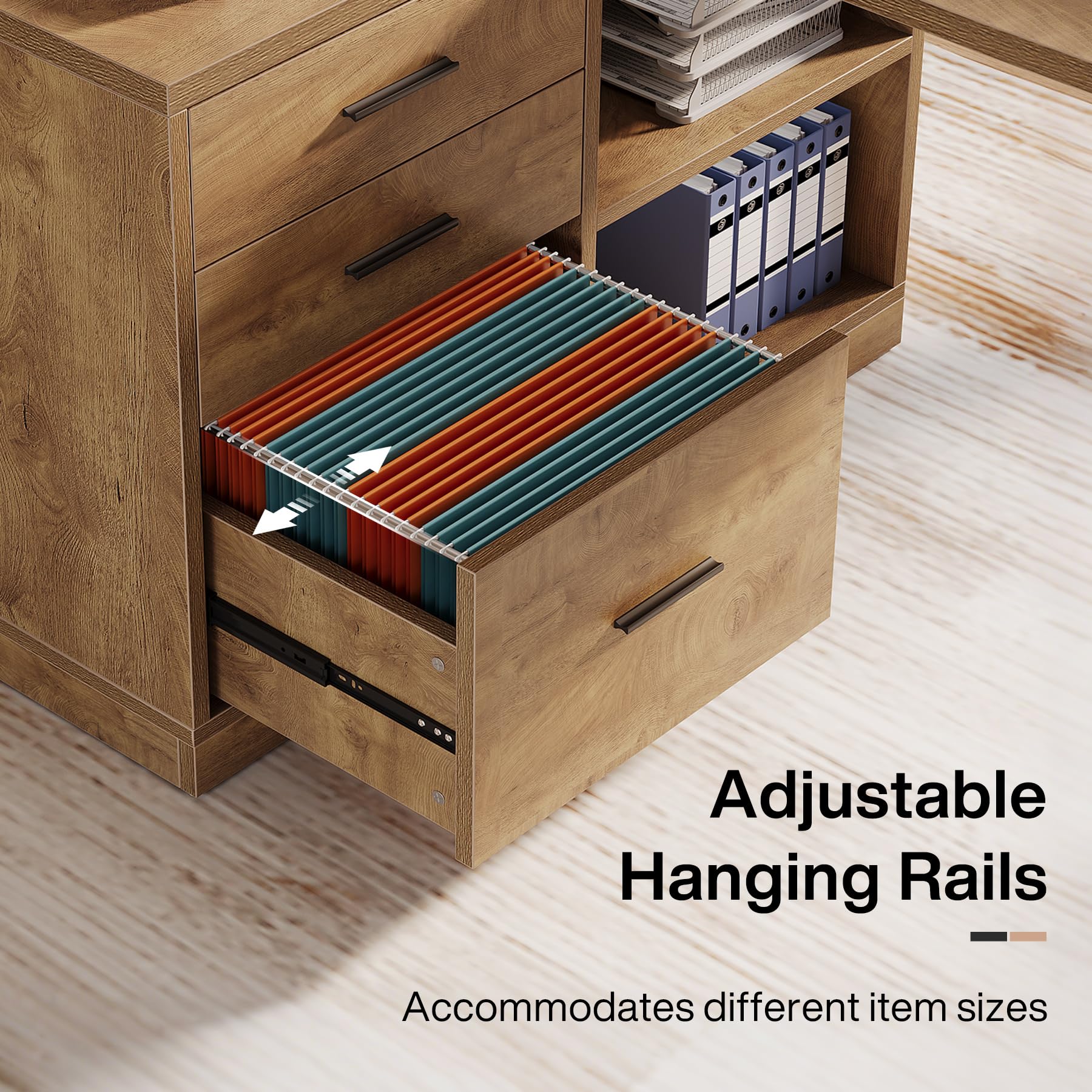 Tribesigns 55-Inch L Shaped Computer Desk with 3 Drawers, Corner Home Office Desk with Storage Shelves, Farmhouse Wood Executive Desk for Work Writing Sturdy, Gaming, Brown - Image 4