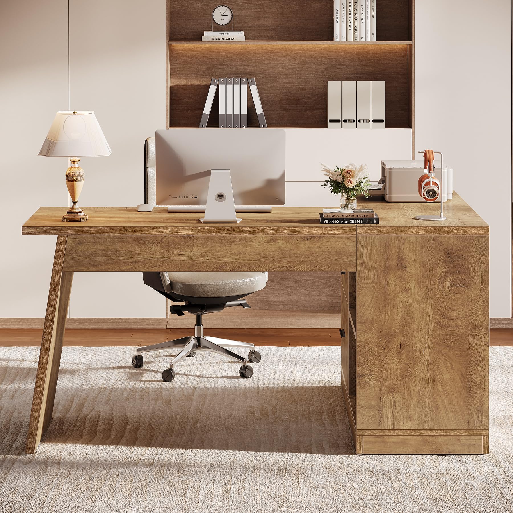 Tribesigns 55-Inch L Shaped Computer Desk with 3 Drawers, Corner Home Office Desk with Storage Shelves, Farmhouse Wood Executive Desk for Work Writing Sturdy, Gaming, Brown - Image 7