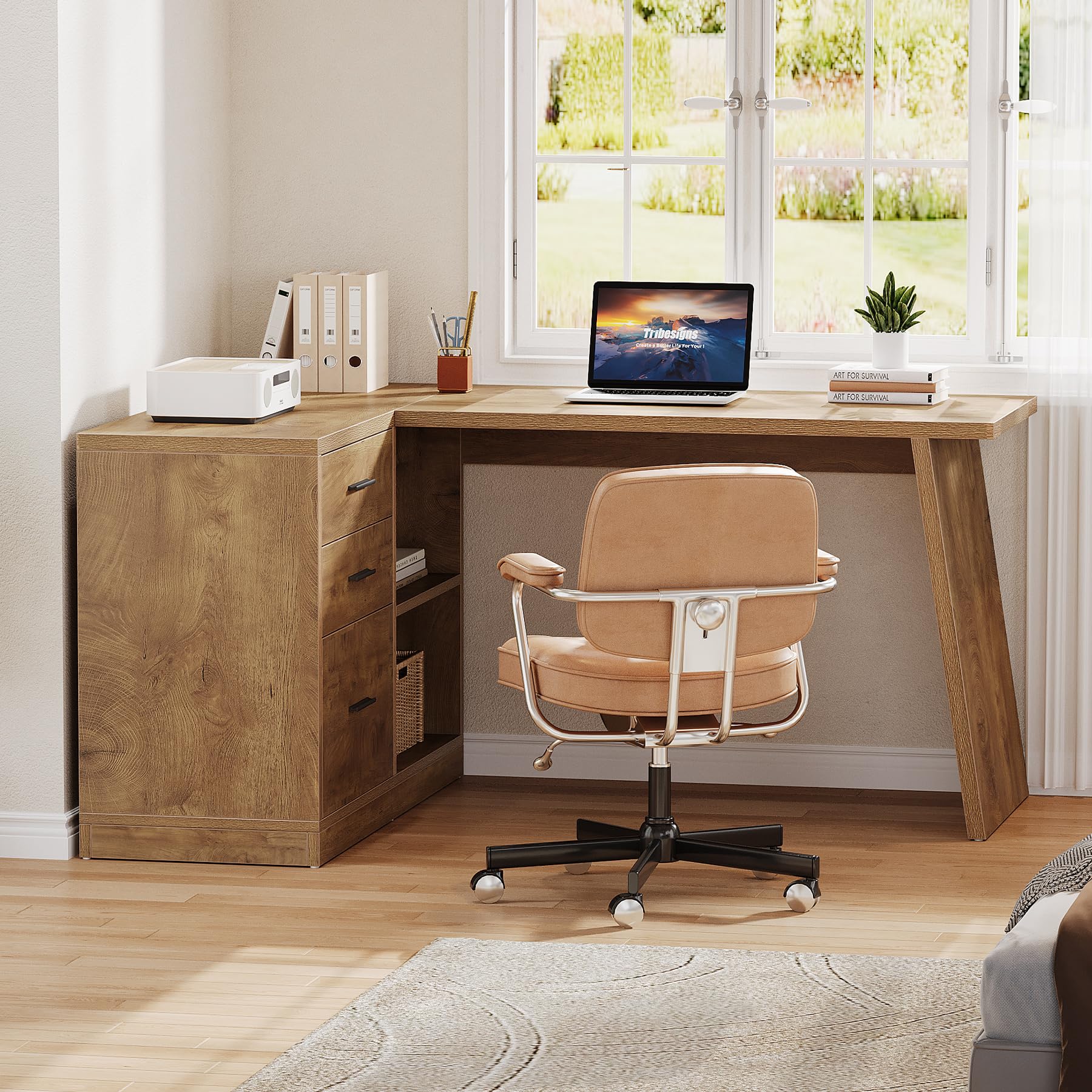 Tribesigns 55-Inch L Shaped Computer Desk with 3 Drawers, Corner Home Office Desk with Storage Shelves, Farmhouse Wood Executive Desk for Work Writing Sturdy, Gaming, Brown - Image 9