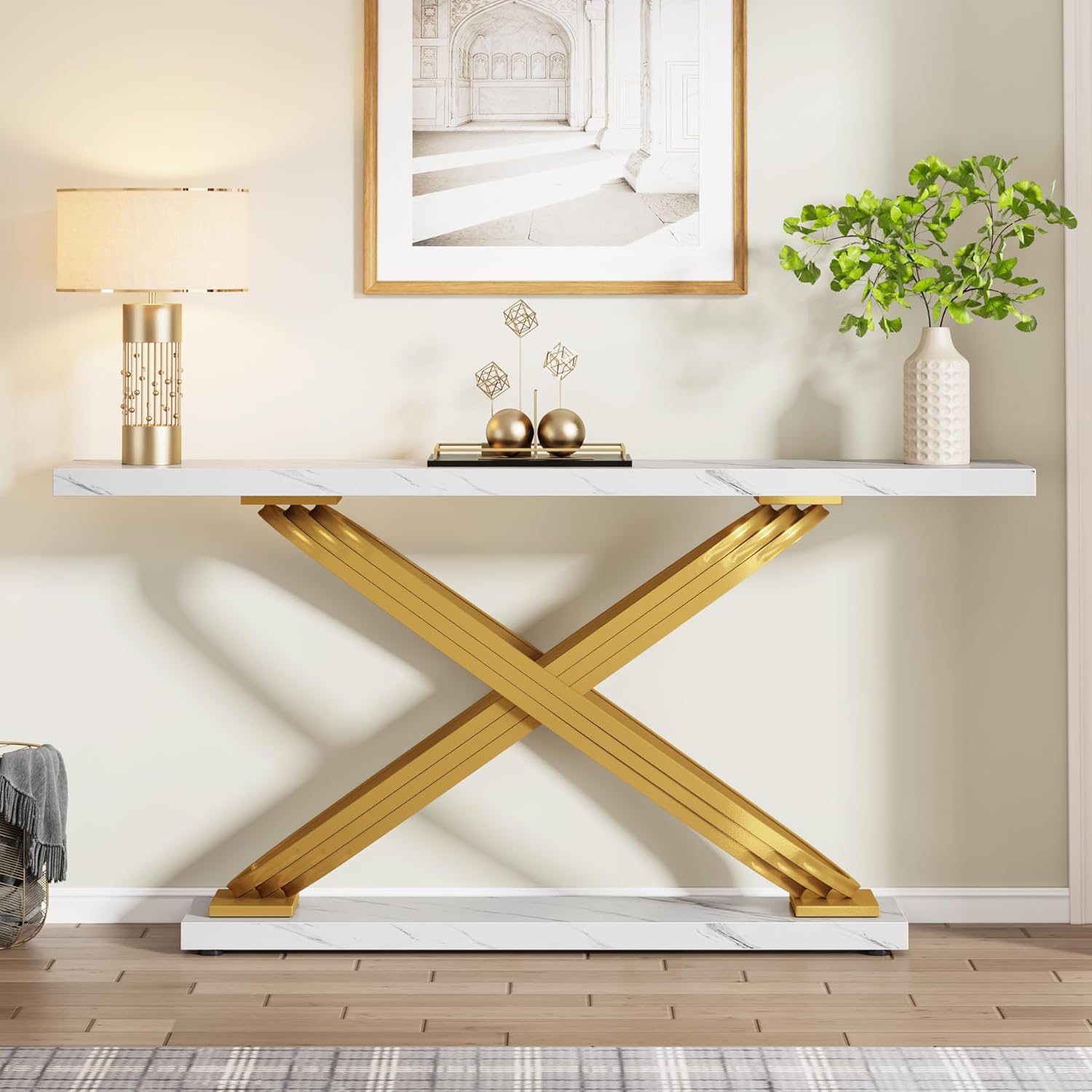 Tribesigns 55 Inch Modern Console Table, Gold Entryway Table Behind Sofa Couch, Narrow Rectangular Sofa Table for Living Room, Bedroom, Front Hall, Hallway, Gold & White - Image 3