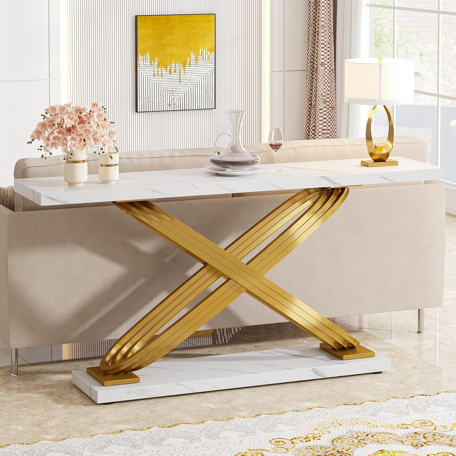 Tribesigns 55 Inch Modern Console Table, Gold Entryway Table Behind Sofa Couch, Narrow Rectangular Sofa Table for Living Room, Bedroom, Front Hall, Hallway, Gold & White - Image 5