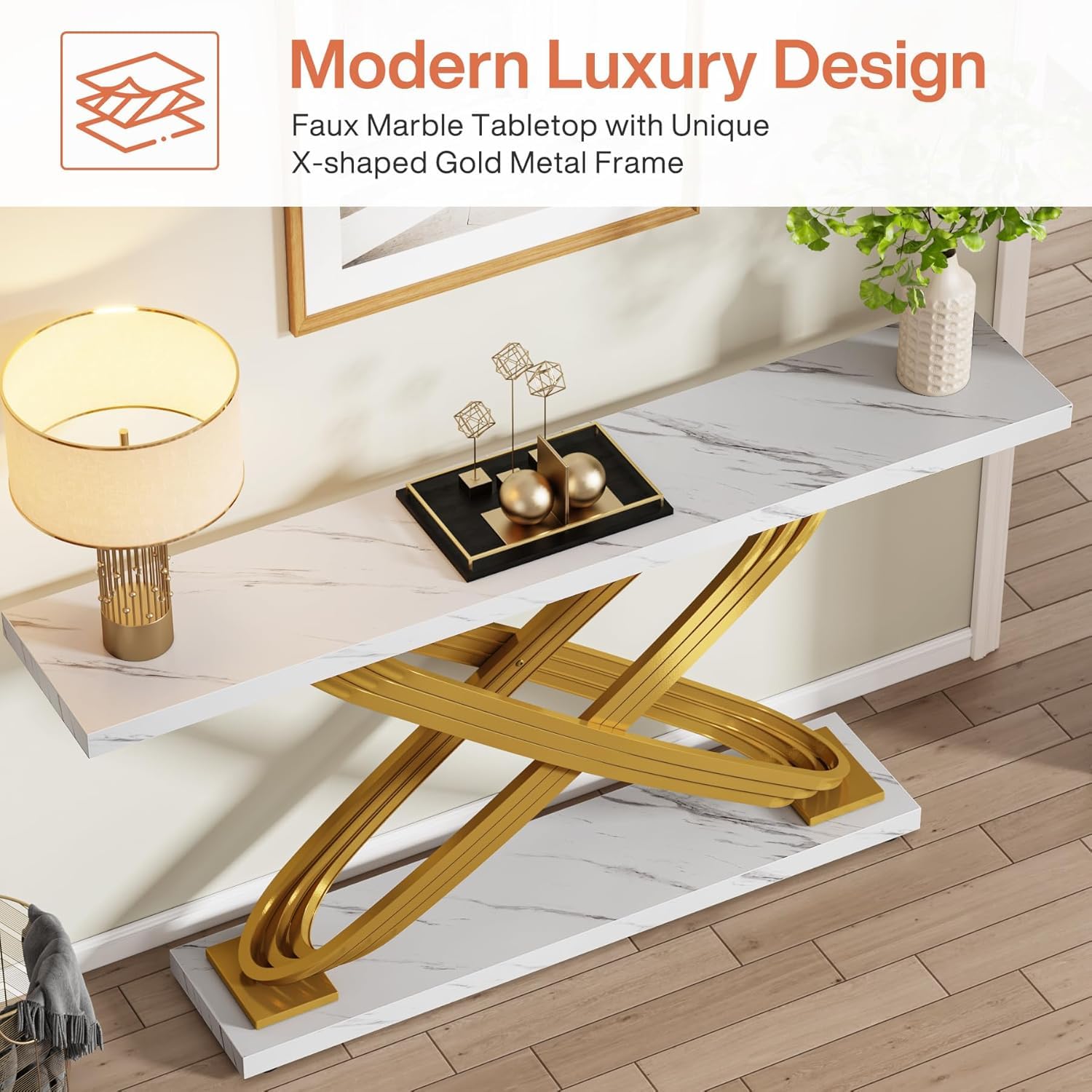 Tribesigns 55 Inch Modern Console Table, Gold Entryway Table Behind Sofa Couch, Narrow Rectangular Sofa Table for Living Room, Bedroom, Front Hall, Hallway, Gold & White - Image 8