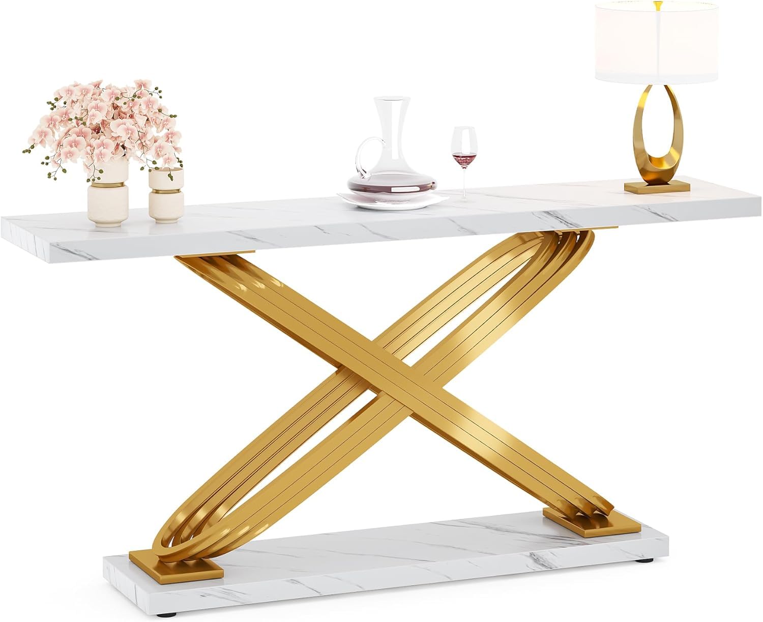 Tribesigns 55 Inch Modern Console Table, Gold Entryway Table Behind Sofa Couch, Narrow Rectangular Sofa Table for Living Room, Bedroom, Front Hall, Hallway, Gold & White - Image 9