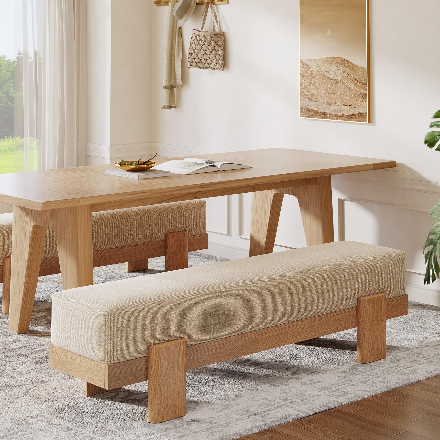 Tribesigns 55-Inch Upholstered Dining Bench, Modern Dining Bench with Fabric Padded Seat and MDF Frame, Kitchen Stool for Dinner Room (Beige & Oak) - Image 8